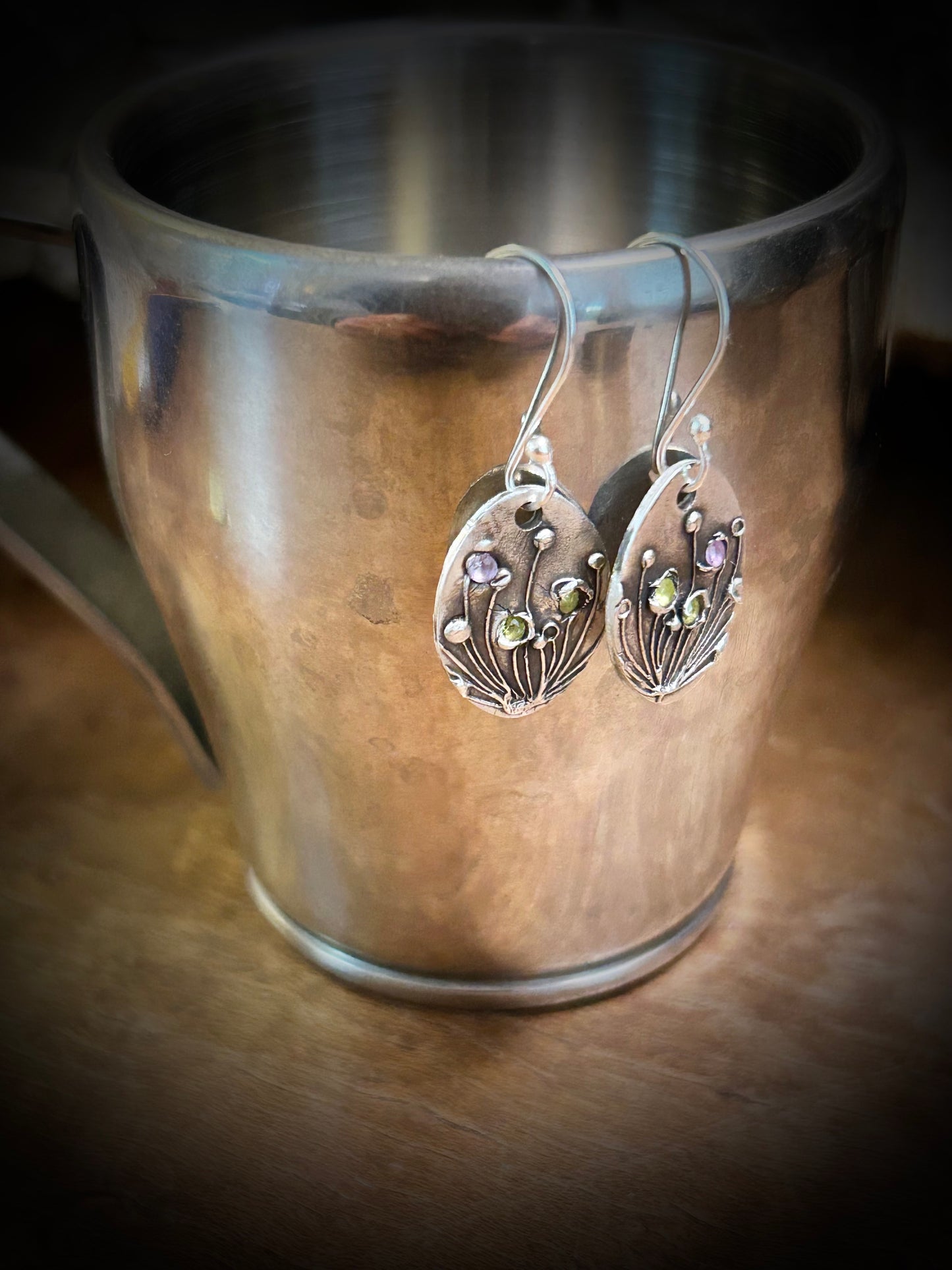 Fine Silver Floral Earrings with Pink and Green Nano Stones
