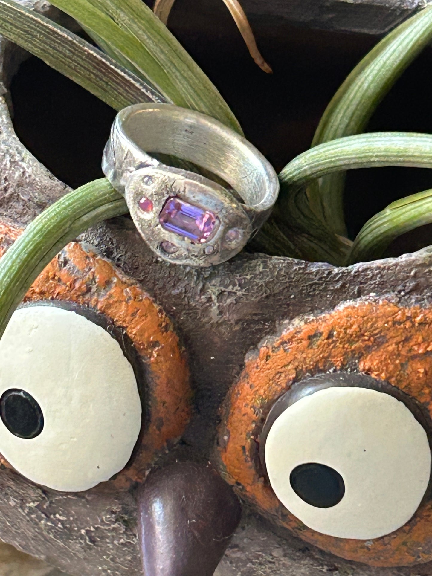 Fine Silver Molten Style Ring with Pink Nano Stones