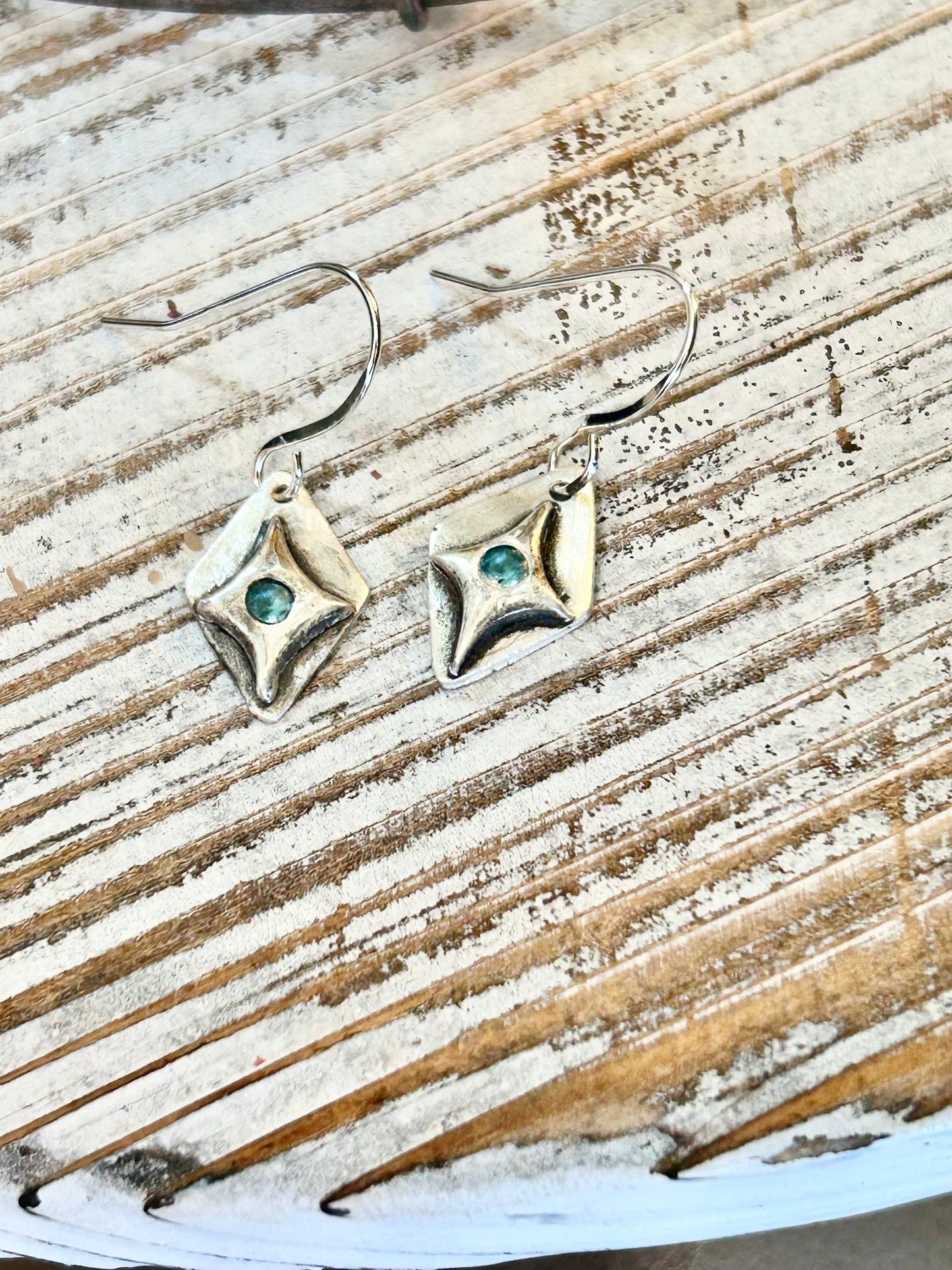 Fine Silver Teal Gem Geometric Drop Earrings