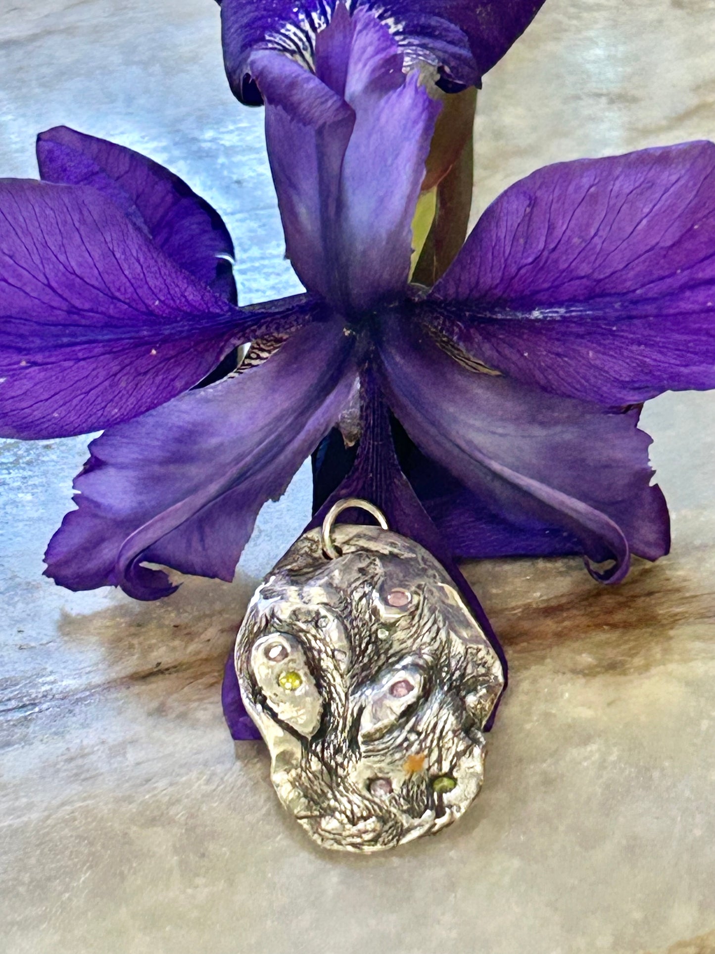 Fine Silver Organic Pendant with Multicolor Nano Stones