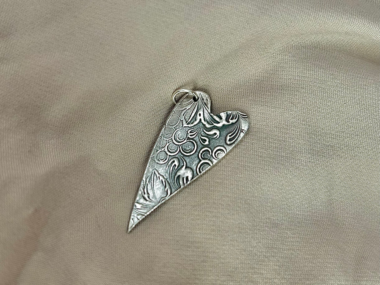 Grape Vine Patterned Silver Heart Pendant