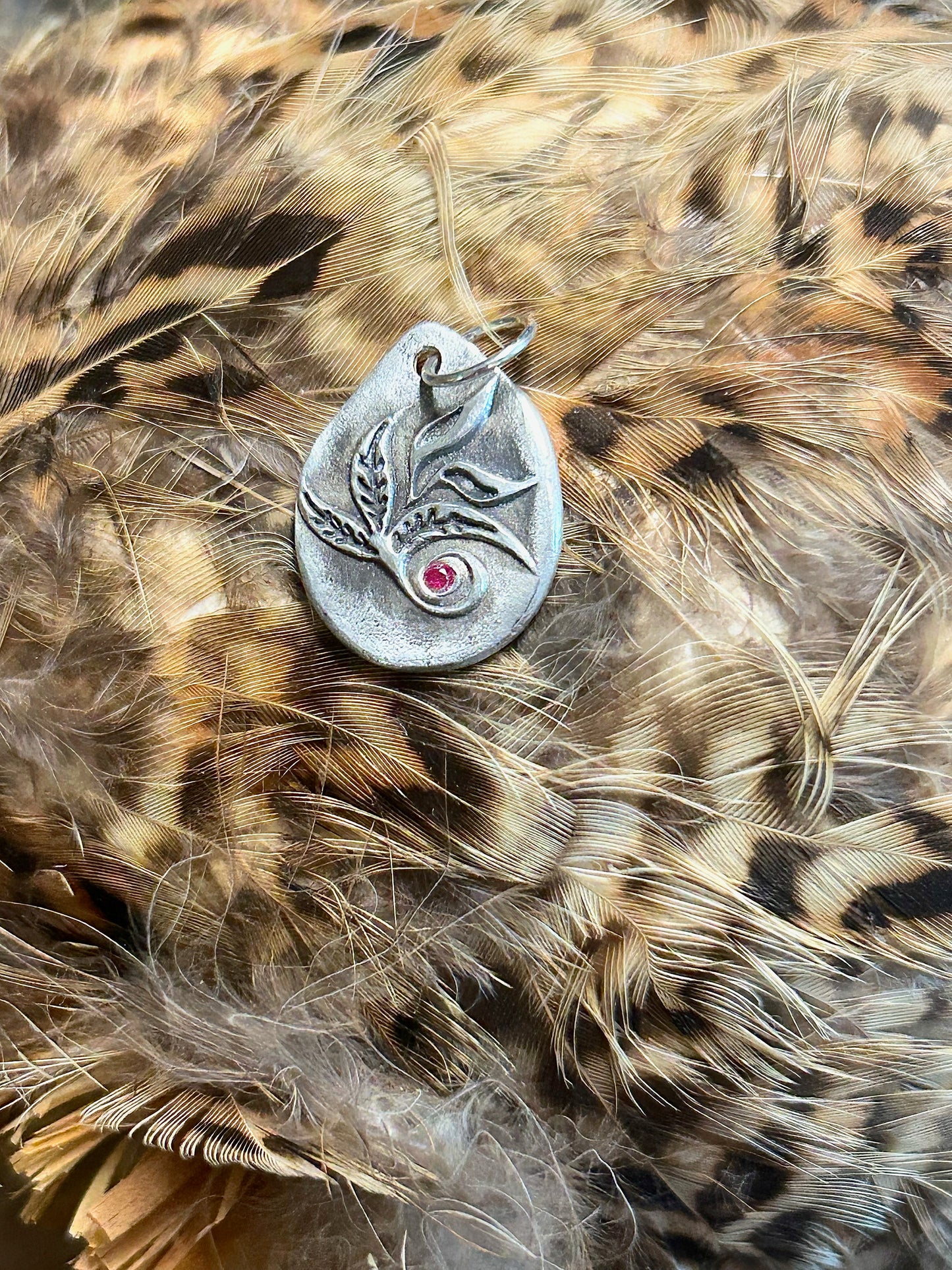 Botanical Fine Silver Pendant with Pink Stone – Rustic Nature Inspired Necklace ✨