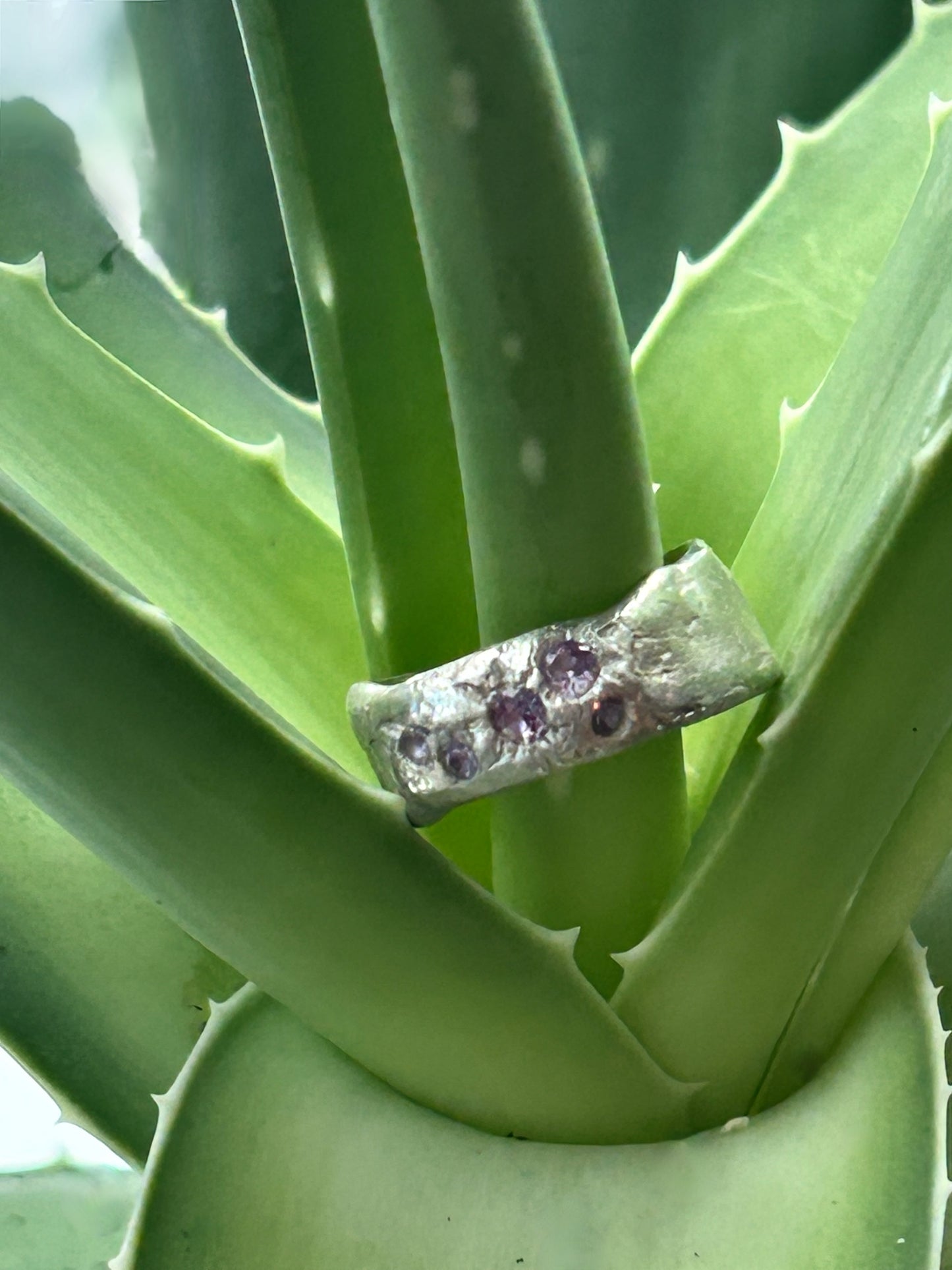 Pure Silver Molten Style Ring with Purple Accent Stones