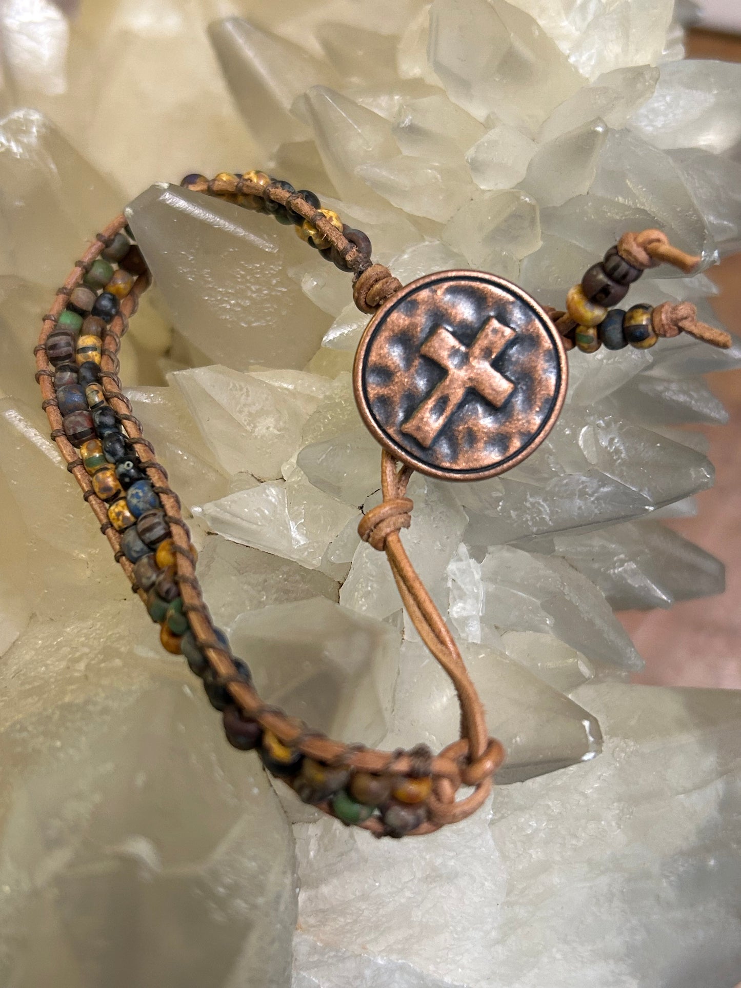 Handmade Beaded Leather Bracelet – Adjustable with Copper Cross Button