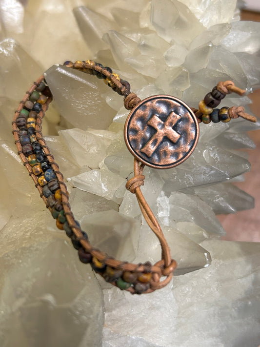 Handmade Beaded Leather Bracelet – Adjustable with Copper Cross Button