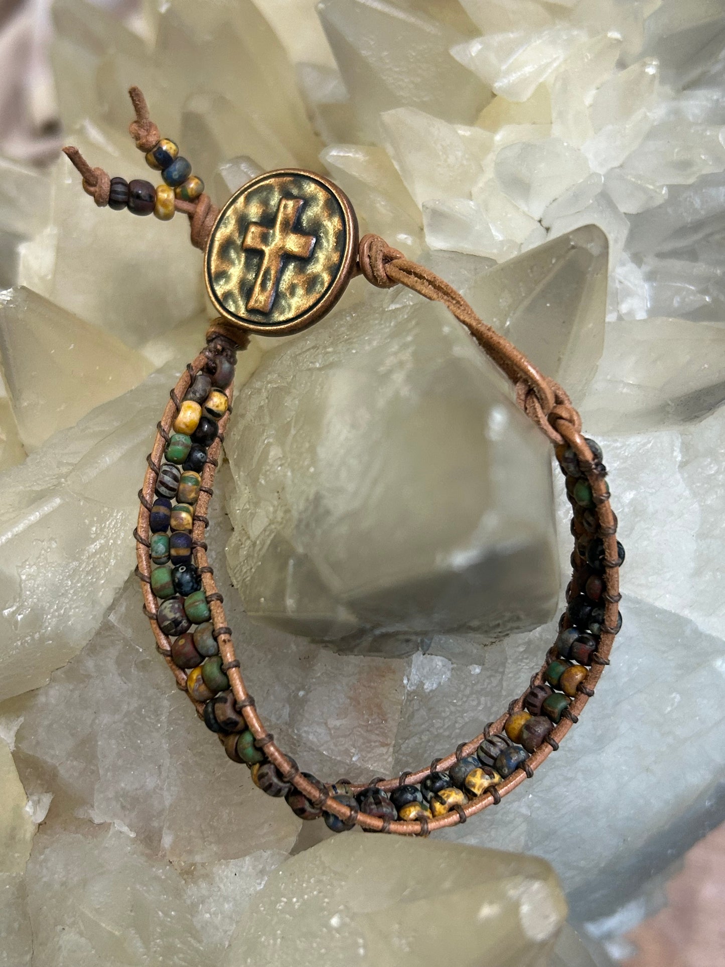 Handmade Beaded Leather Bracelet – Adjustable with Copper Cross Button