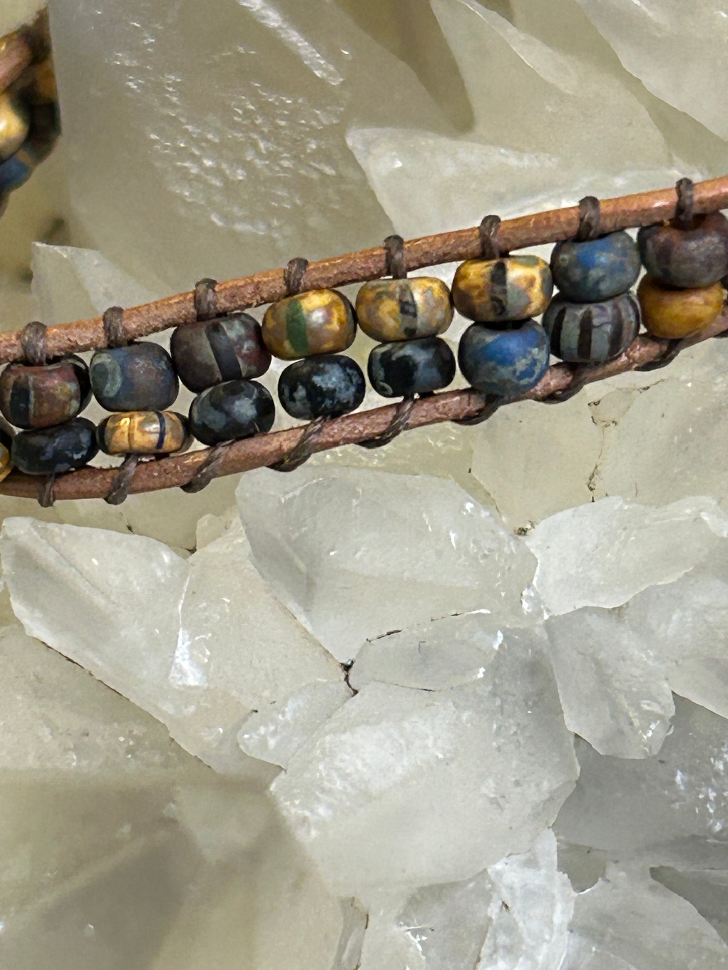 Handmade Beaded Leather Bracelet – Adjustable with Copper Cross Button