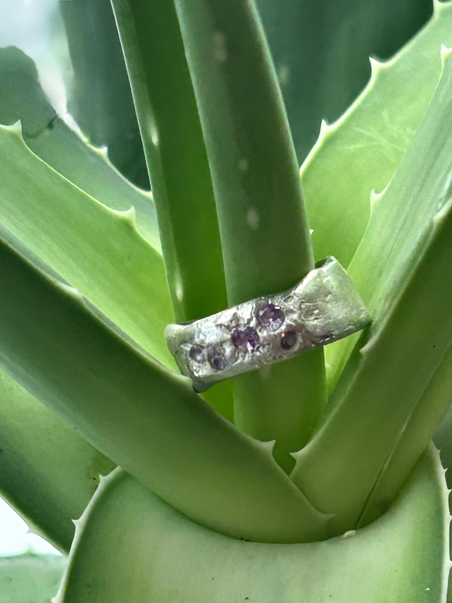 Pure Silver Molten Style Ring with Purple Accent Stones