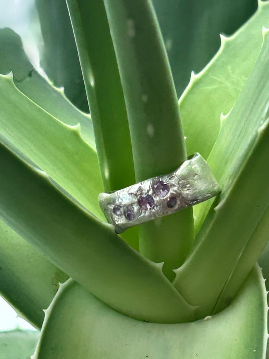 Pure Silver Molten Style Ring with Purple Accent Stones