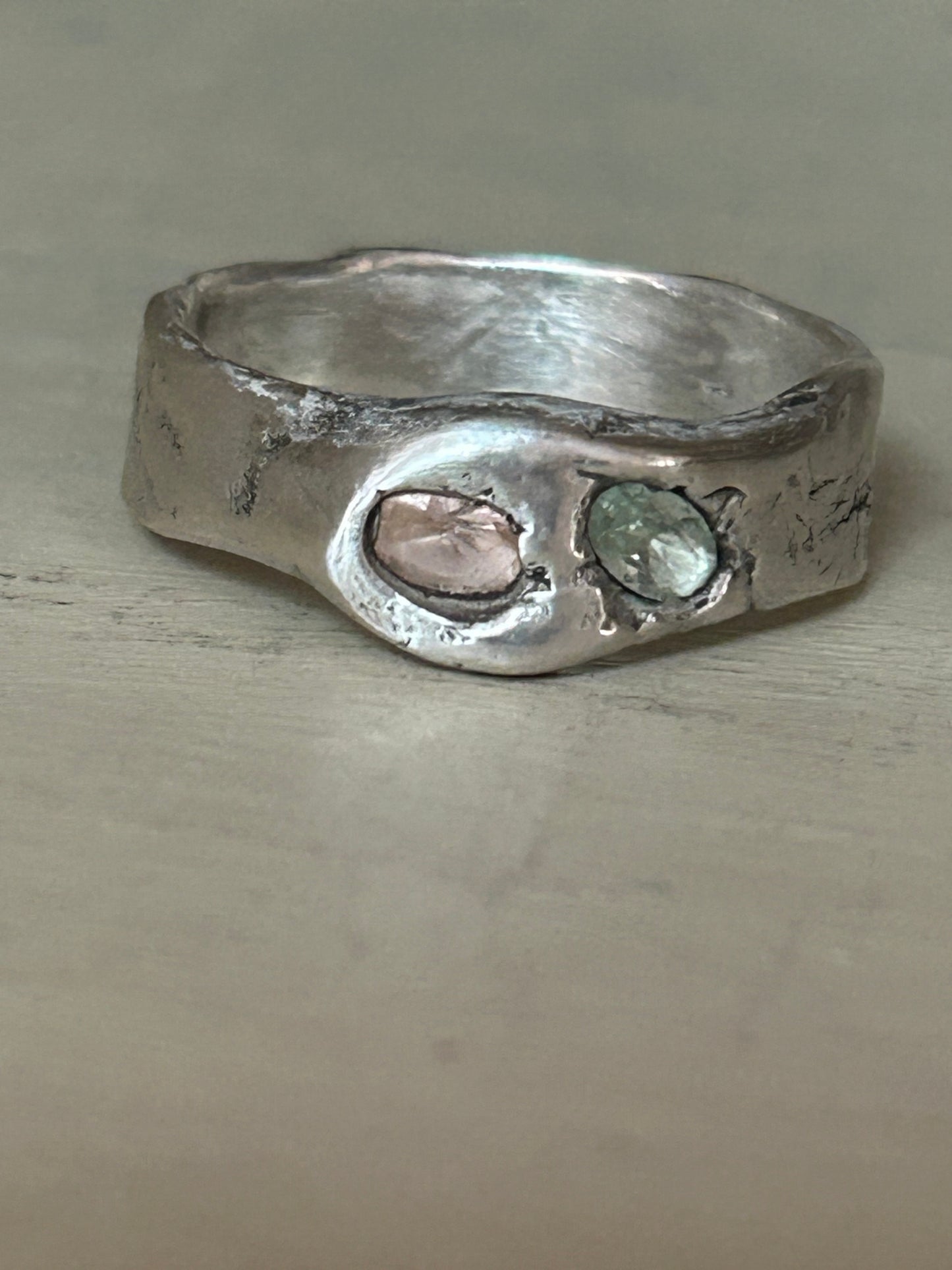 Handcrafted Molten Silver Ring with Nano Stones