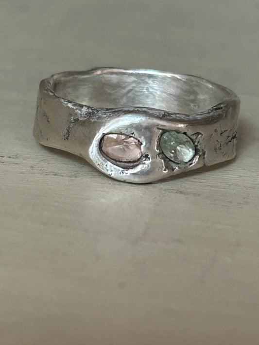Handcrafted Molten Silver Ring with Nano Stones