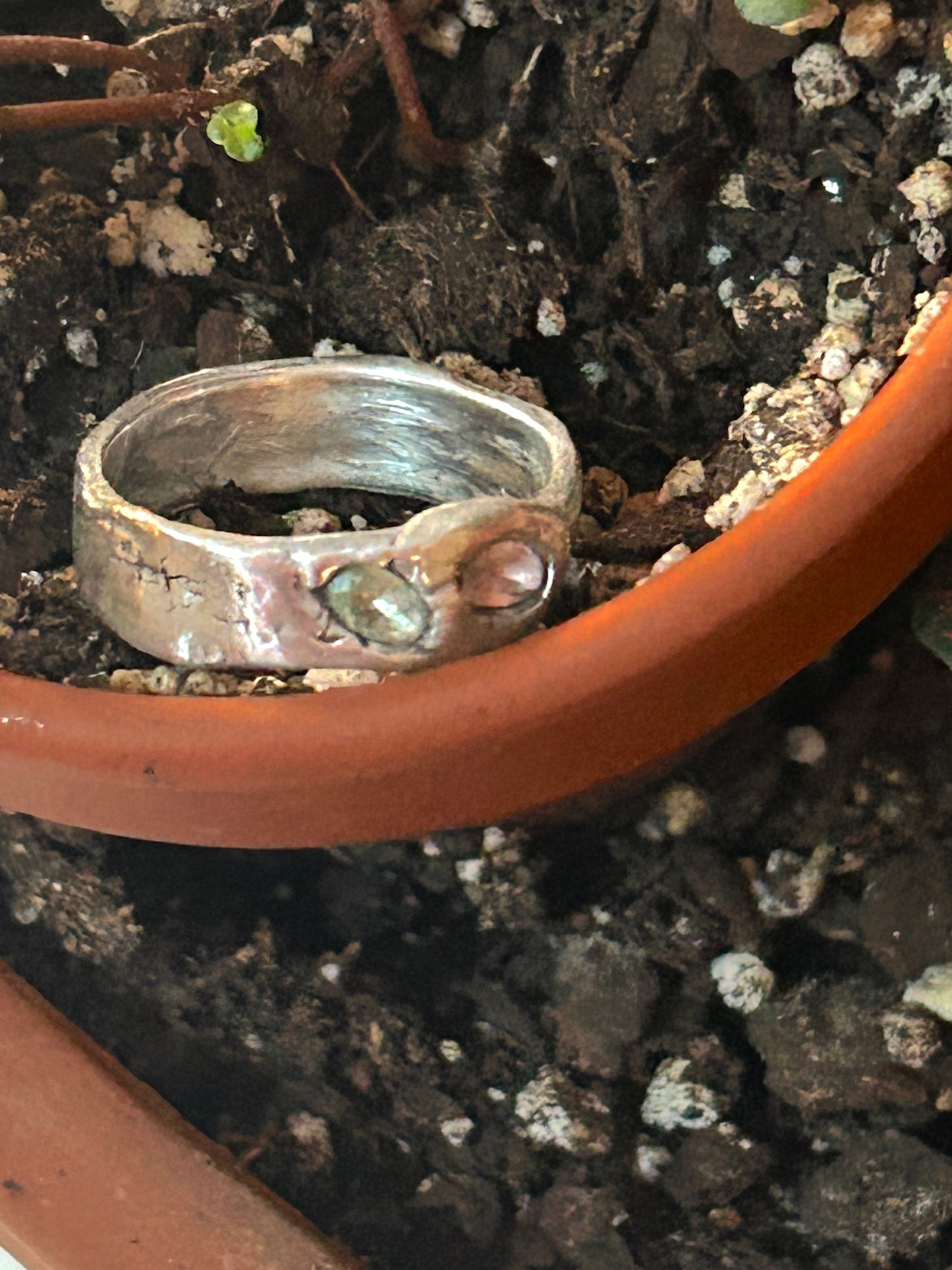 Handcrafted Molten Silver Ring with Nano Stones