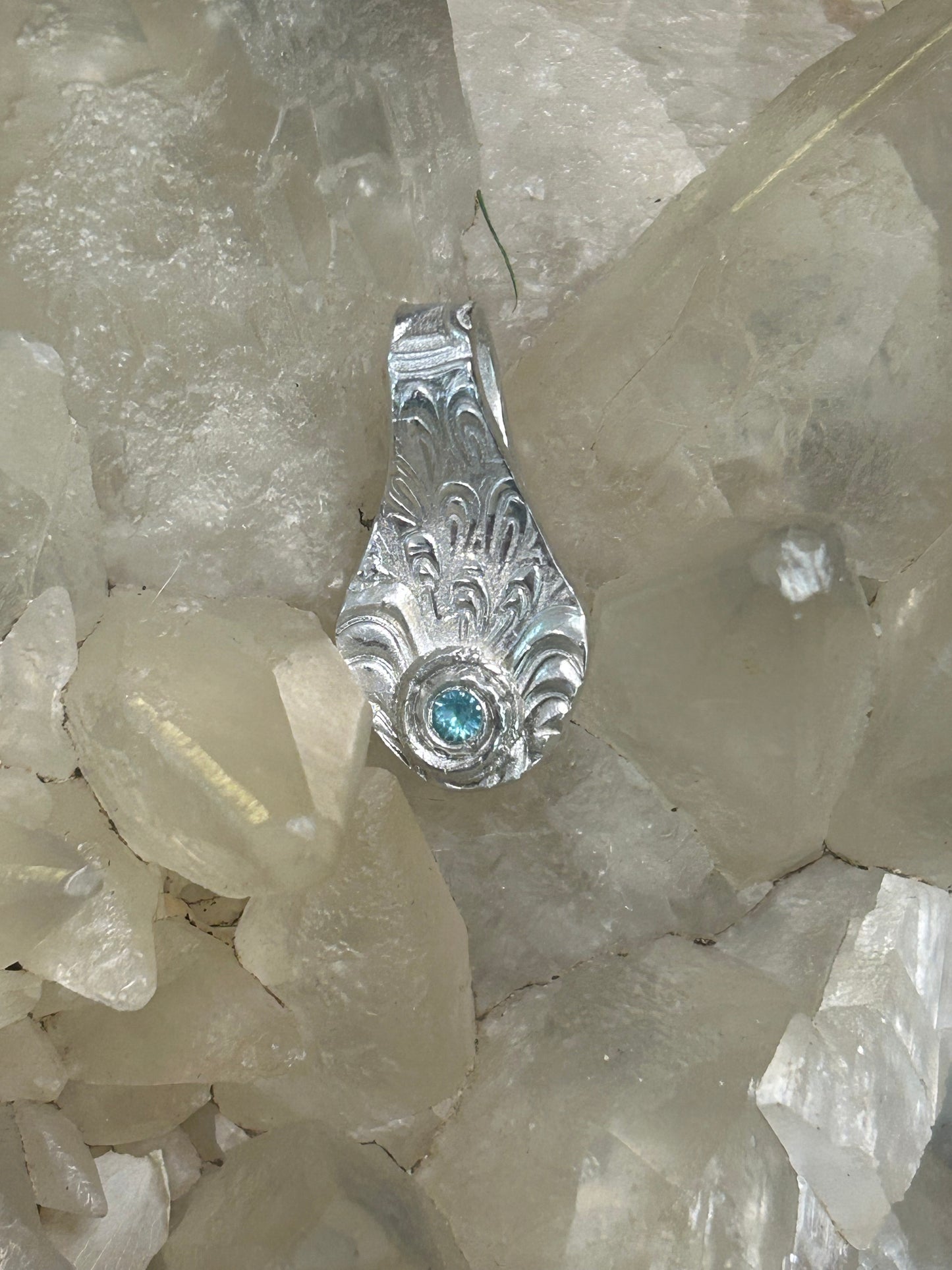 Reversible Fine Silver Pendant with Blue Stone – Handcrafted Botanical Necklace
