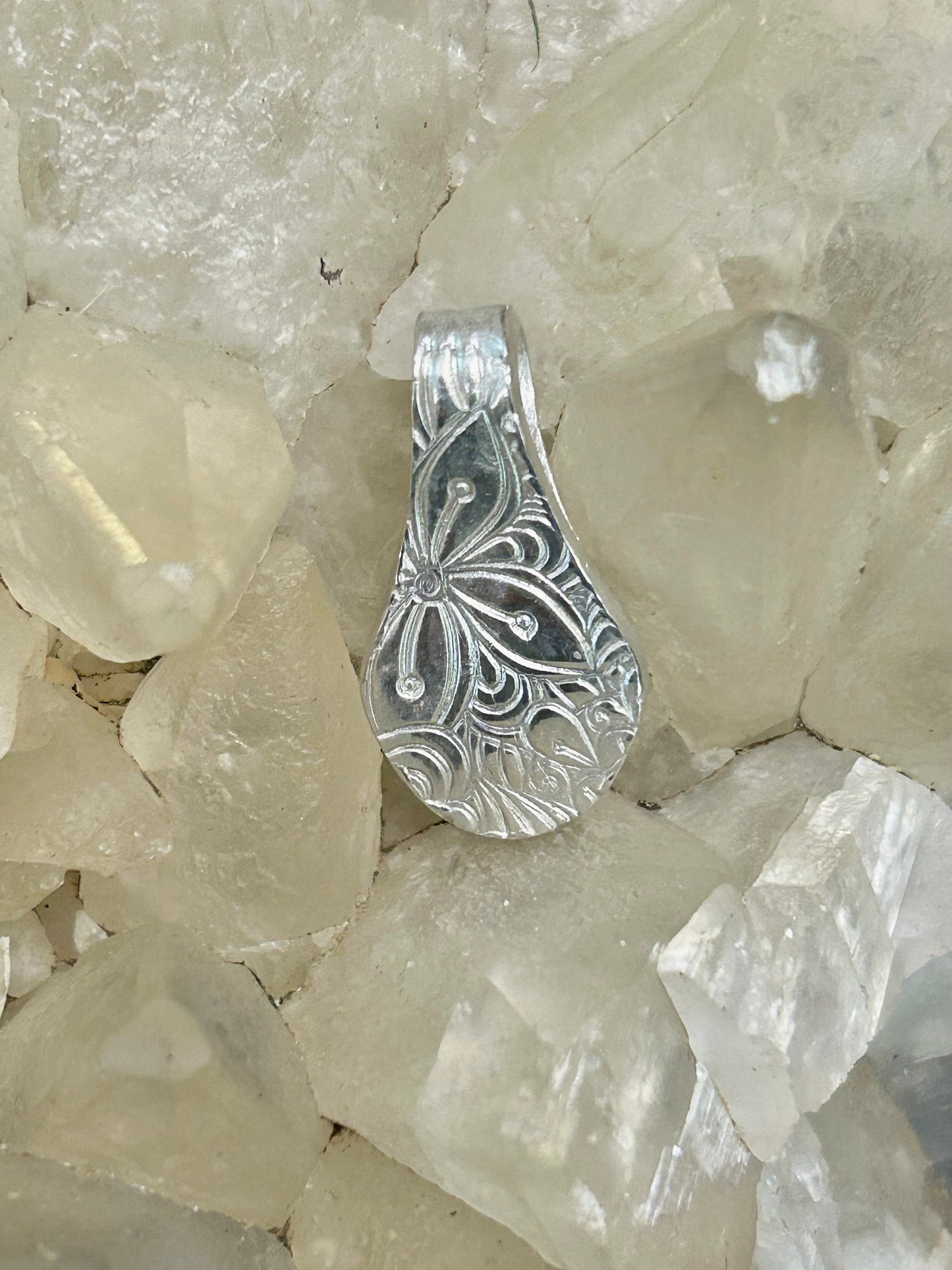 Reversible Fine Silver Pendant with Blue Stone – Handcrafted Botanical Necklace