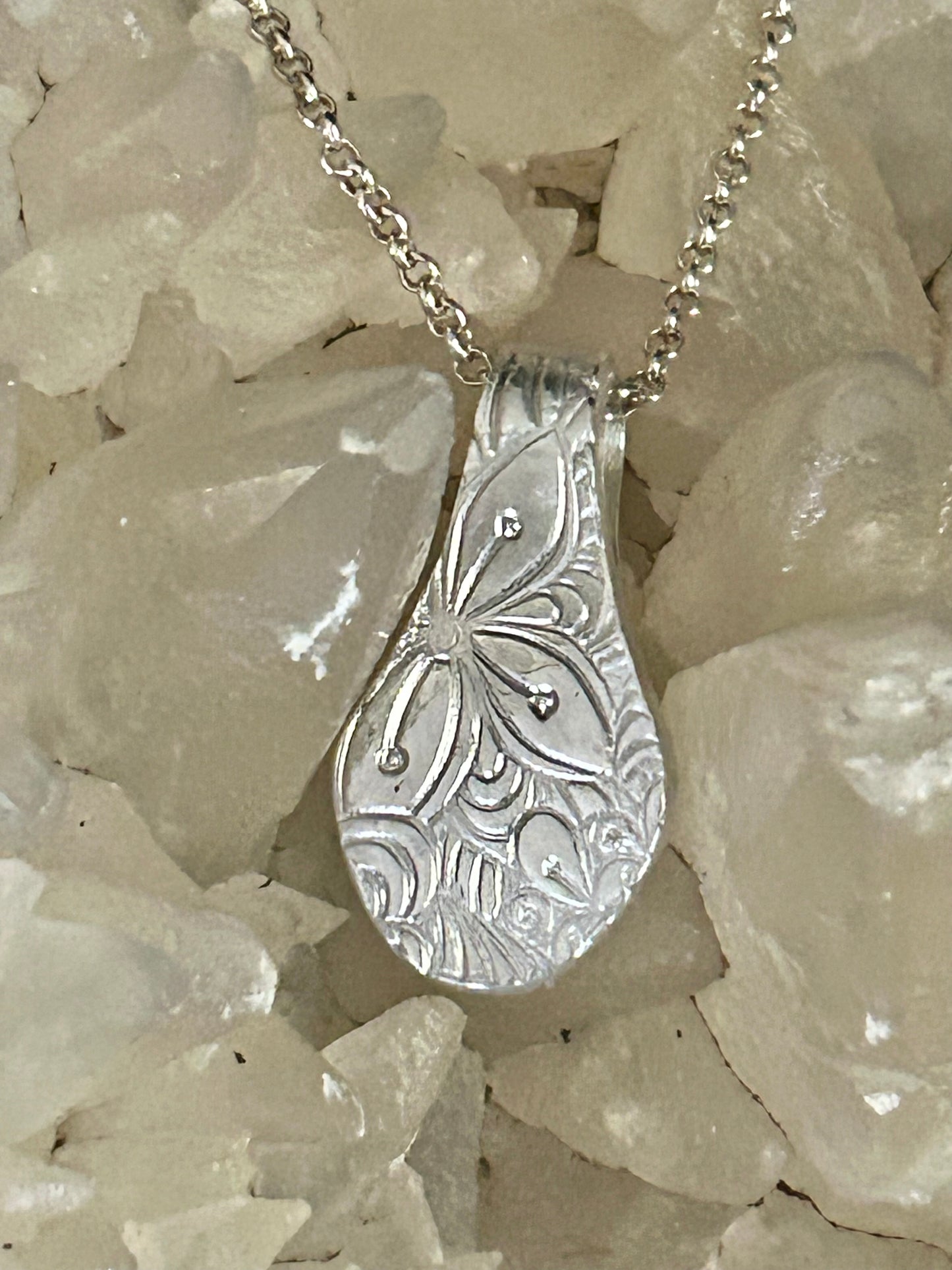 Reversible Fine Silver Pendant with Blue Stone – Handcrafted Botanical Necklace