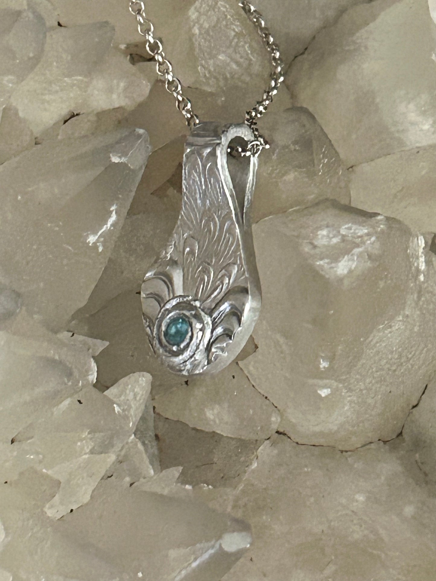 Reversible Fine Silver Pendant with Blue Stone – Handcrafted Botanical Necklace
