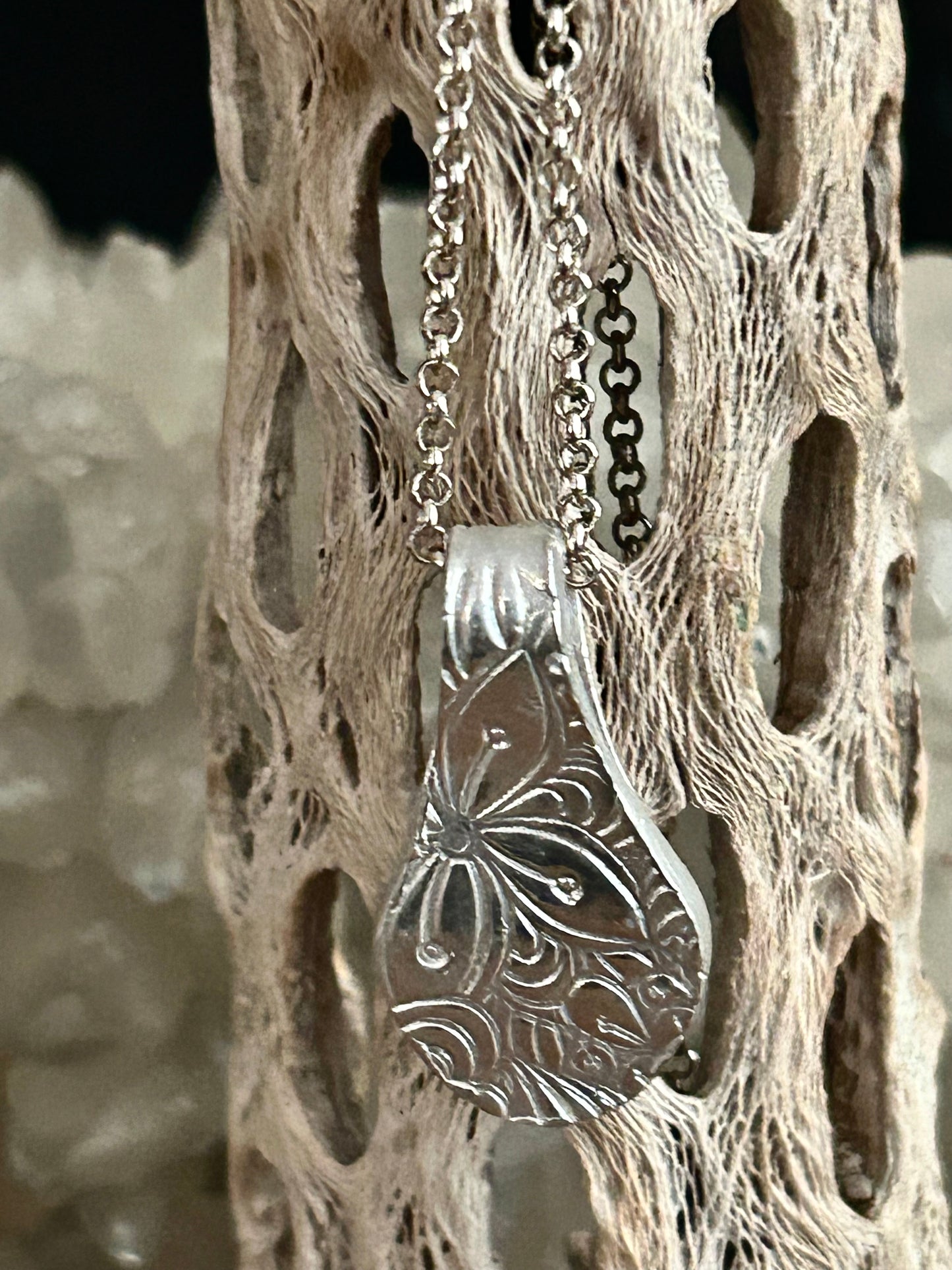 Reversible Fine Silver Pendant with Blue Stone – Handcrafted Botanical Necklace