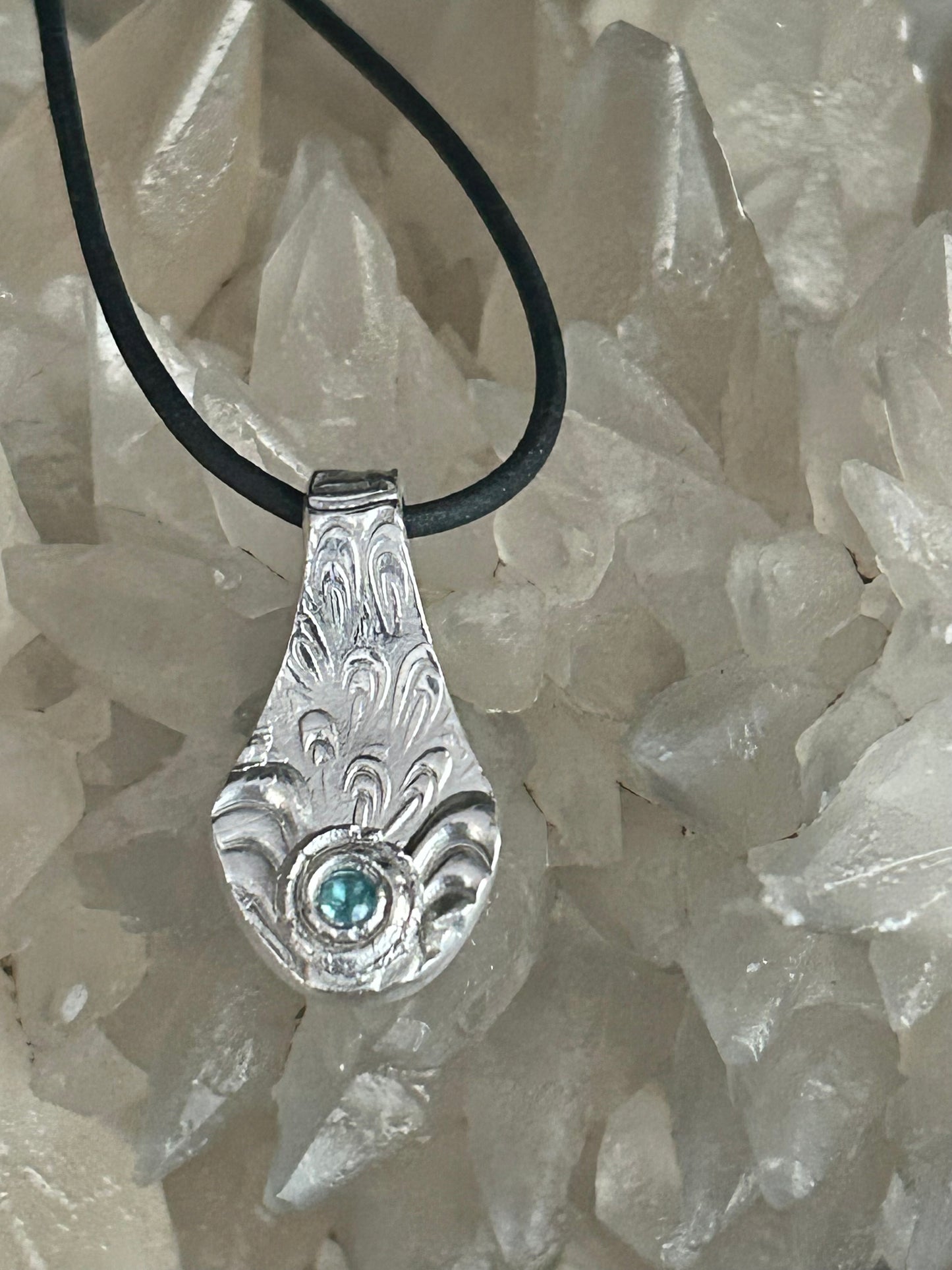 Reversible Fine Silver Pendant with Blue Stone – Handcrafted Botanical Necklace