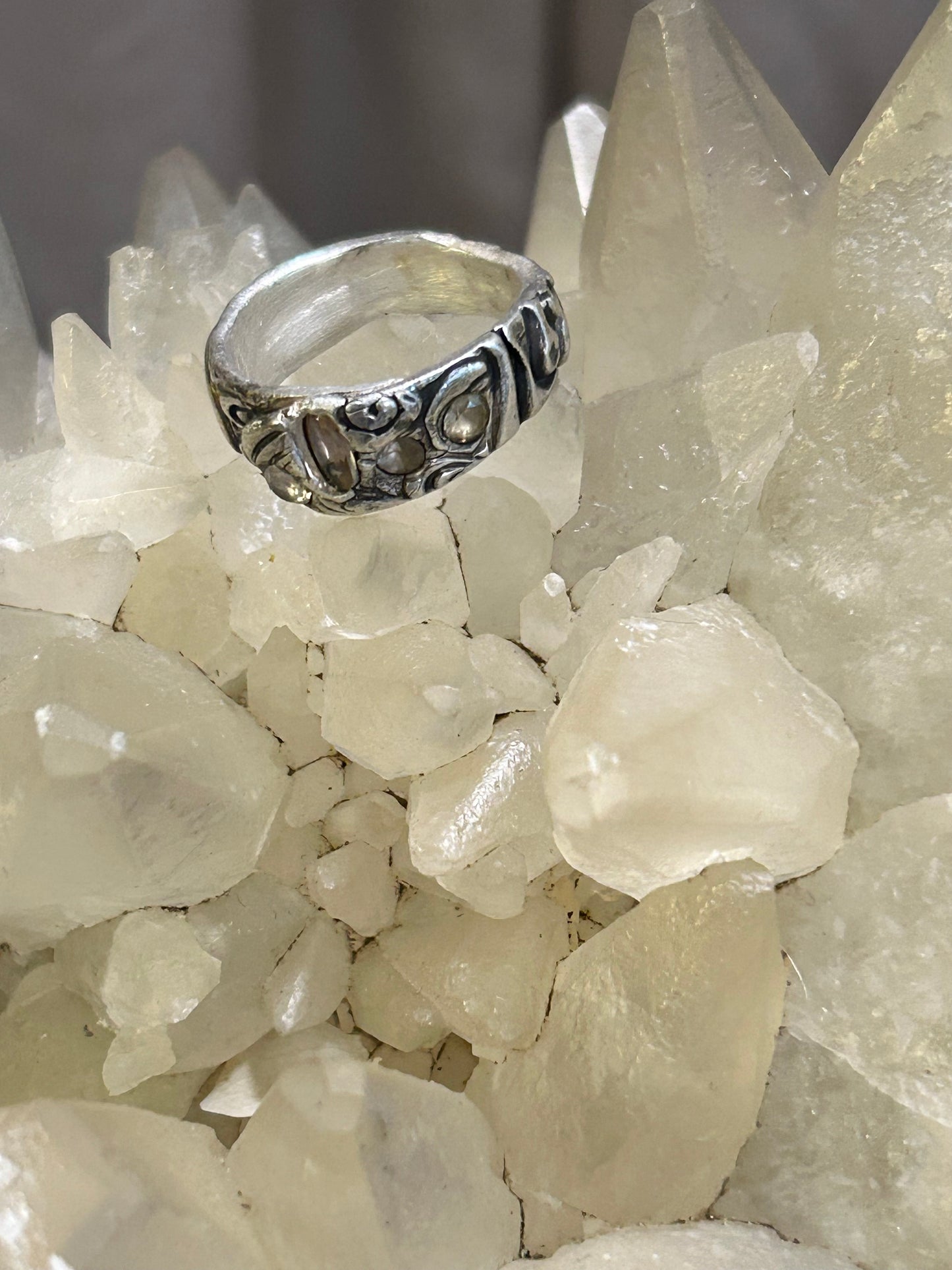 Fine Silver Textured Ring with Nano Stones