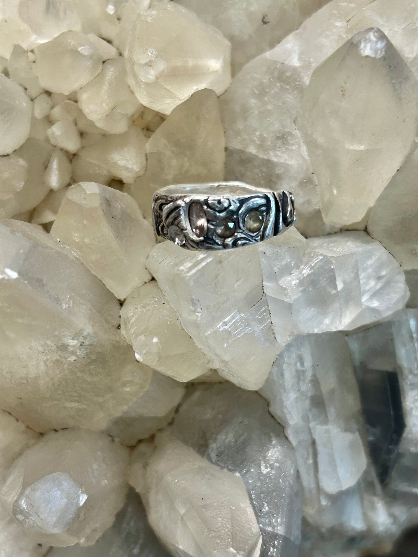 Fine Silver Textured Ring with Nano Stones