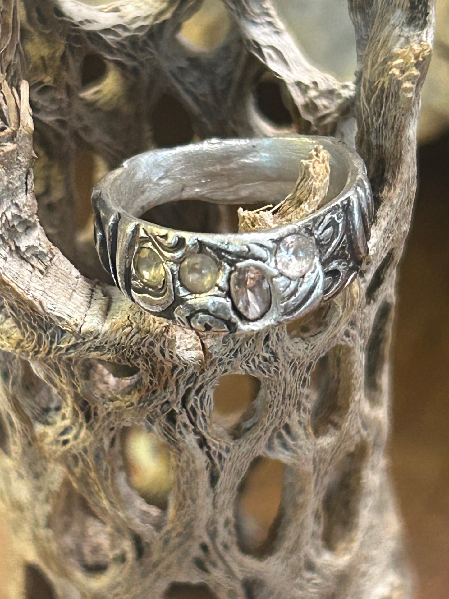 Fine Silver Textured Ring with Nano Stones