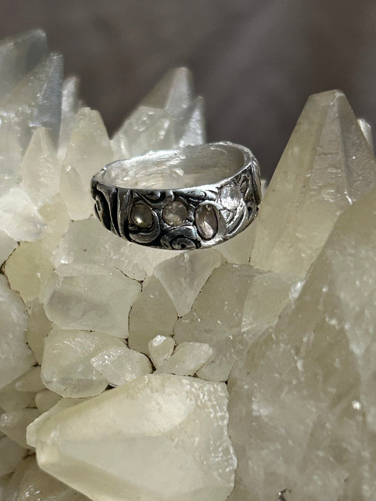 Fine Silver Textured Ring with Nano Stones