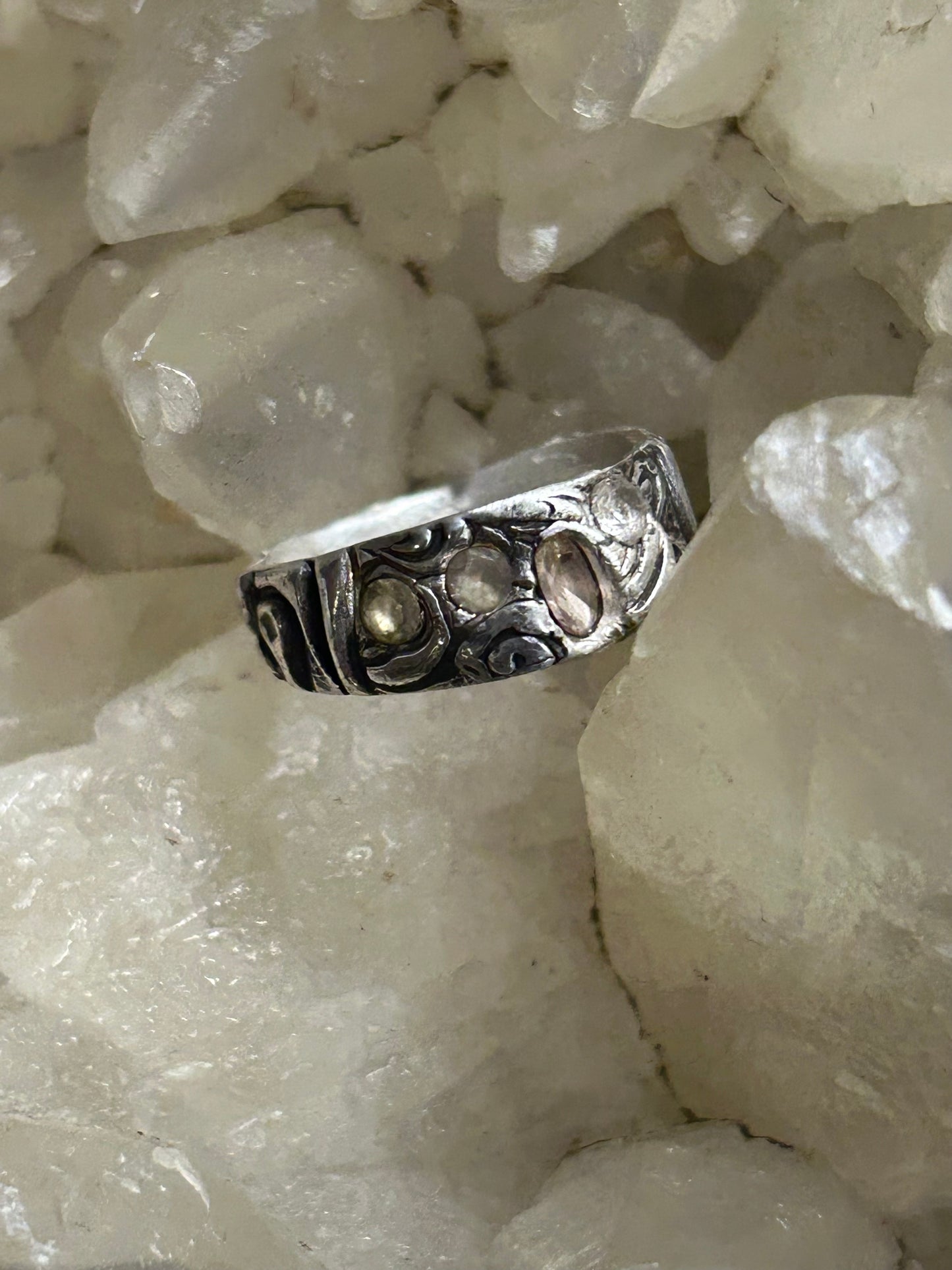 Fine Silver Textured Ring with Nano Stones