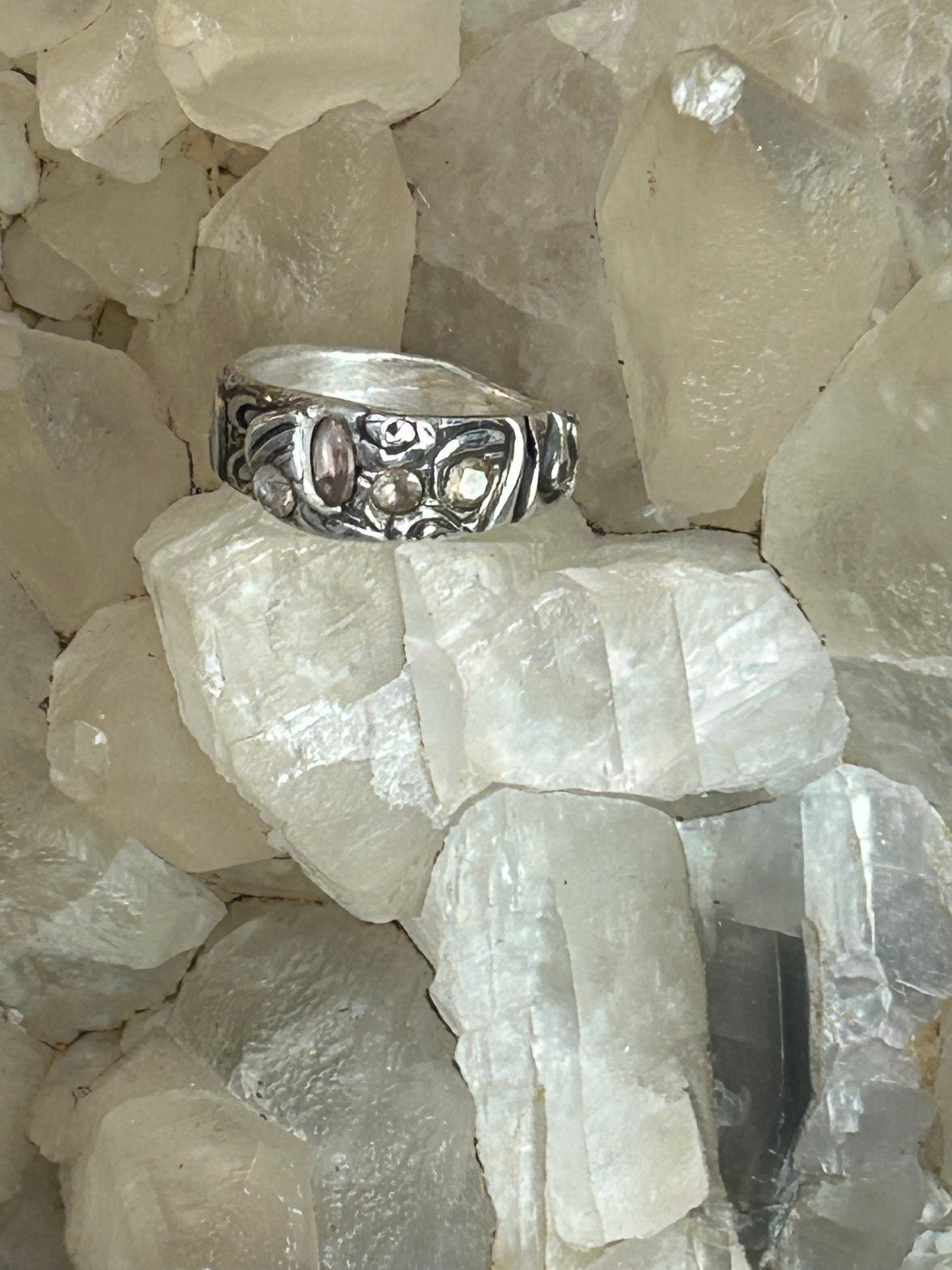 Fine Silver Textured Ring with Nano Stones
