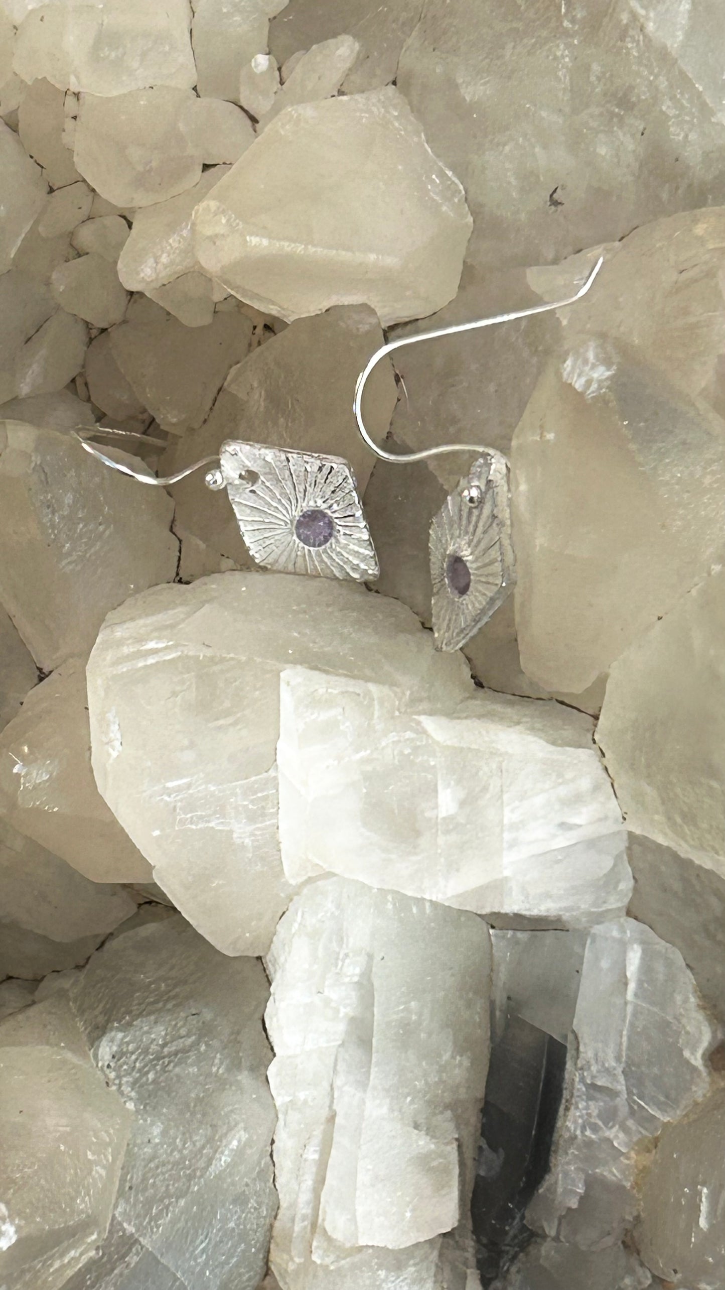 Fine Silver Sunburst Earrings with Lavender Nano Stone