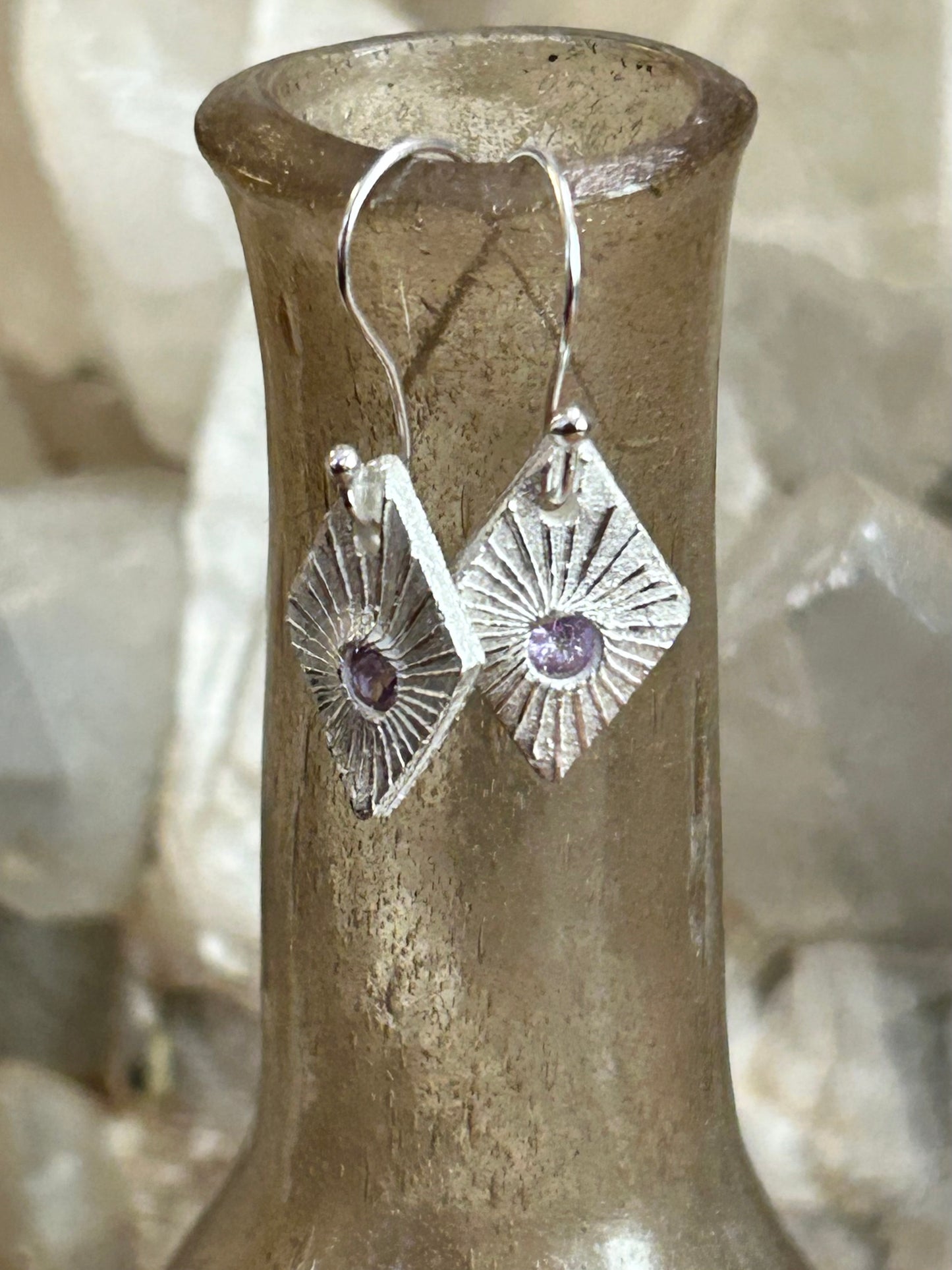 Fine Silver Sunburst Earrings with Lavender Nano Stone