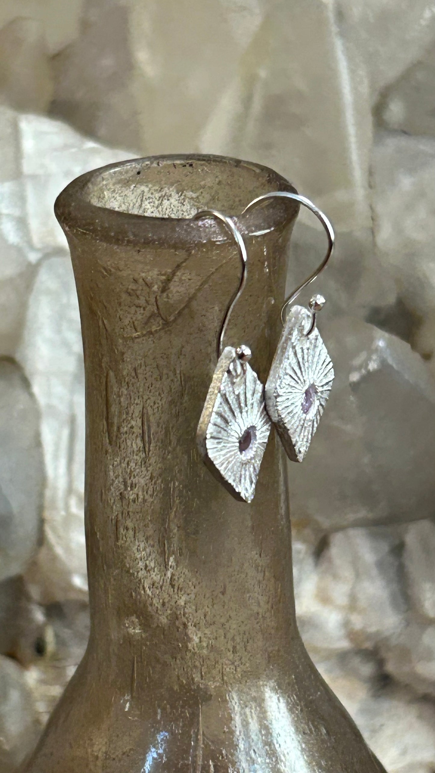 Fine Silver Sunburst Earrings with Lavender Nano Stone