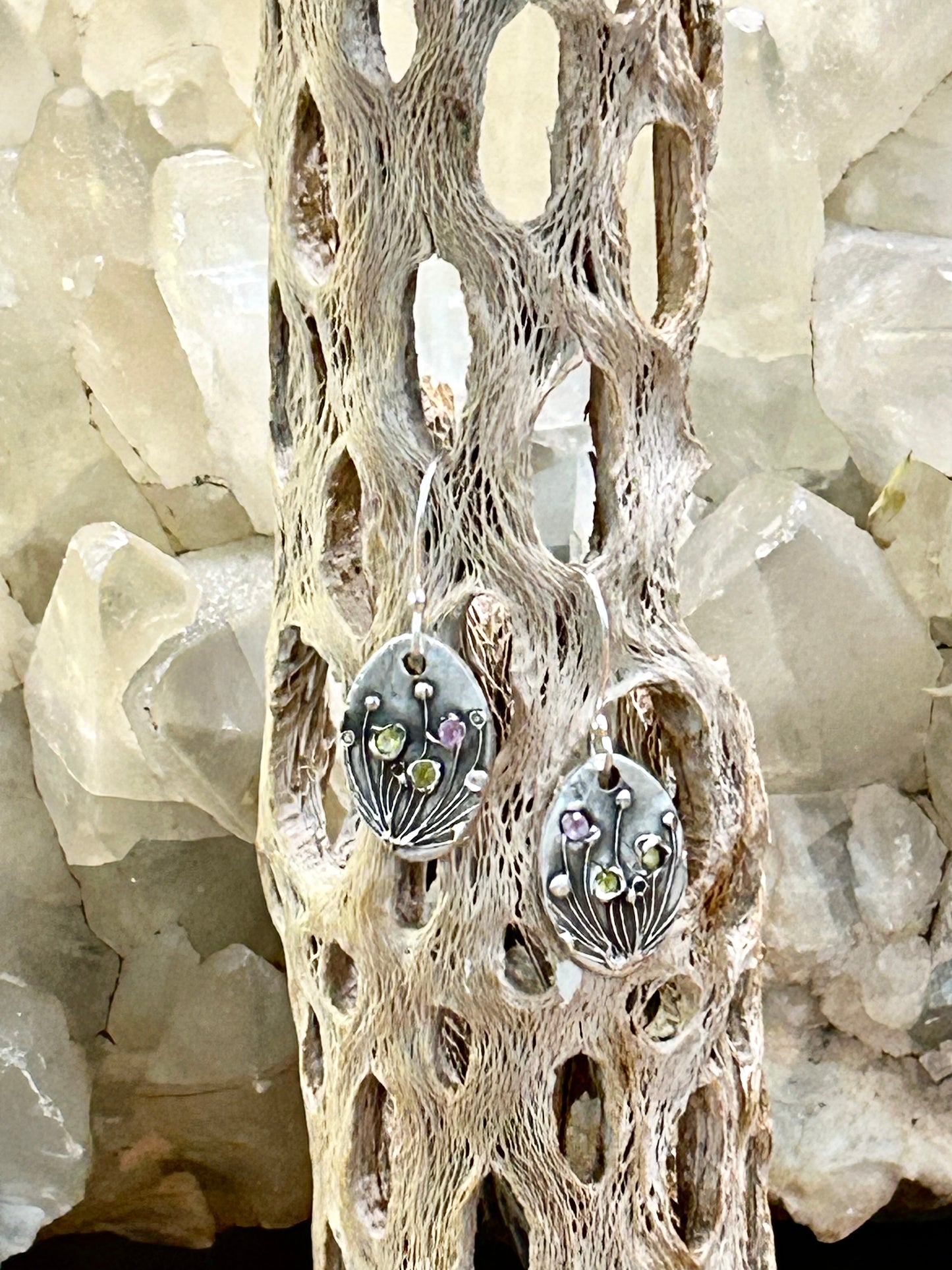 Fine Silver Floral Earrings with Pink and Green Nano Stones