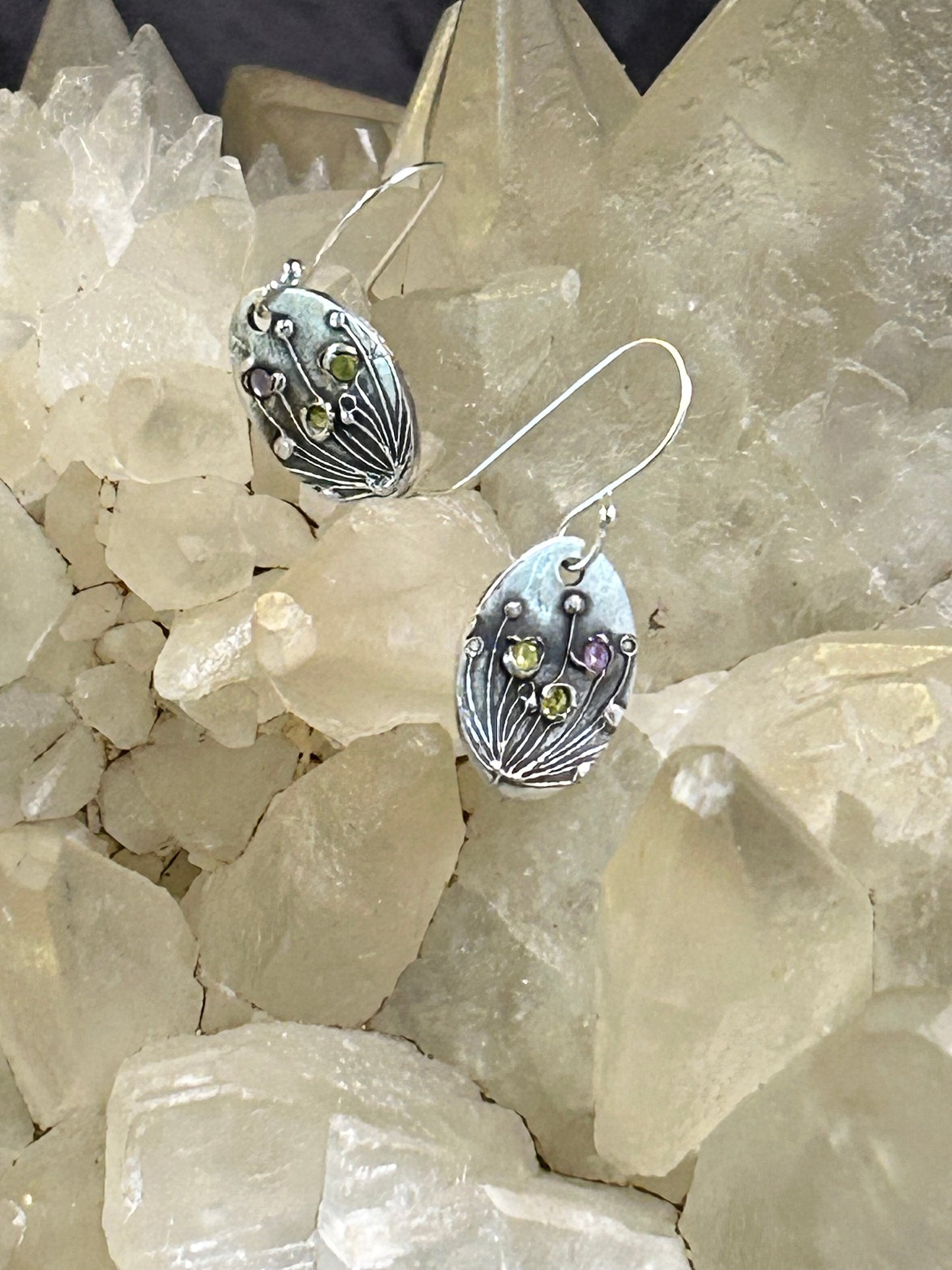 Fine Silver Floral Earrings with Pink and Green Nano Stones
