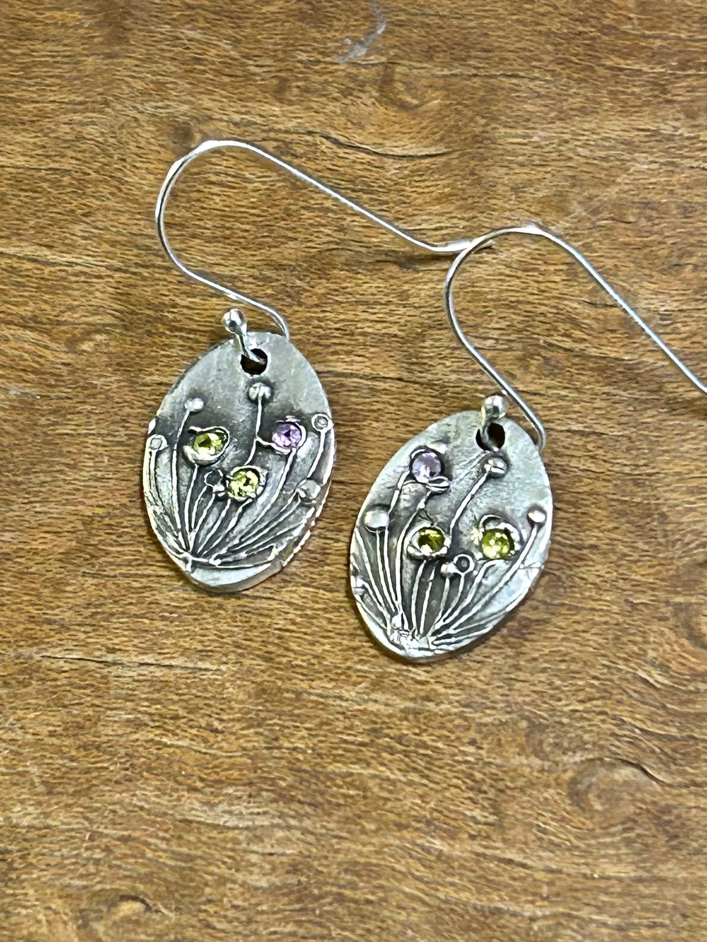 Fine Silver Floral Earrings with Pink and Green Nano Stones