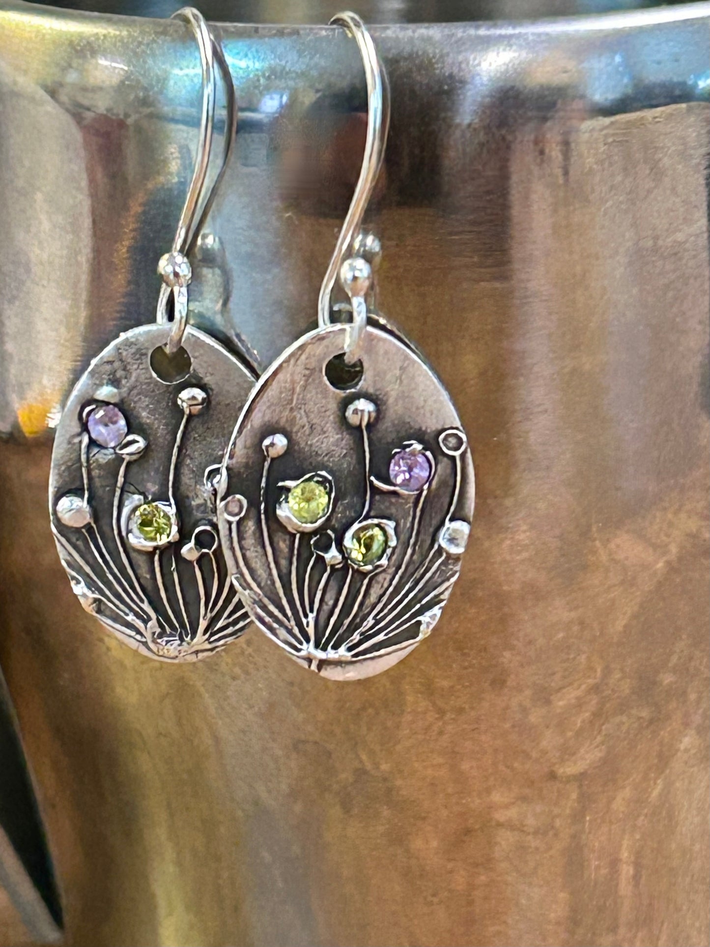 Fine Silver Floral Earrings with Pink and Green Nano Stones