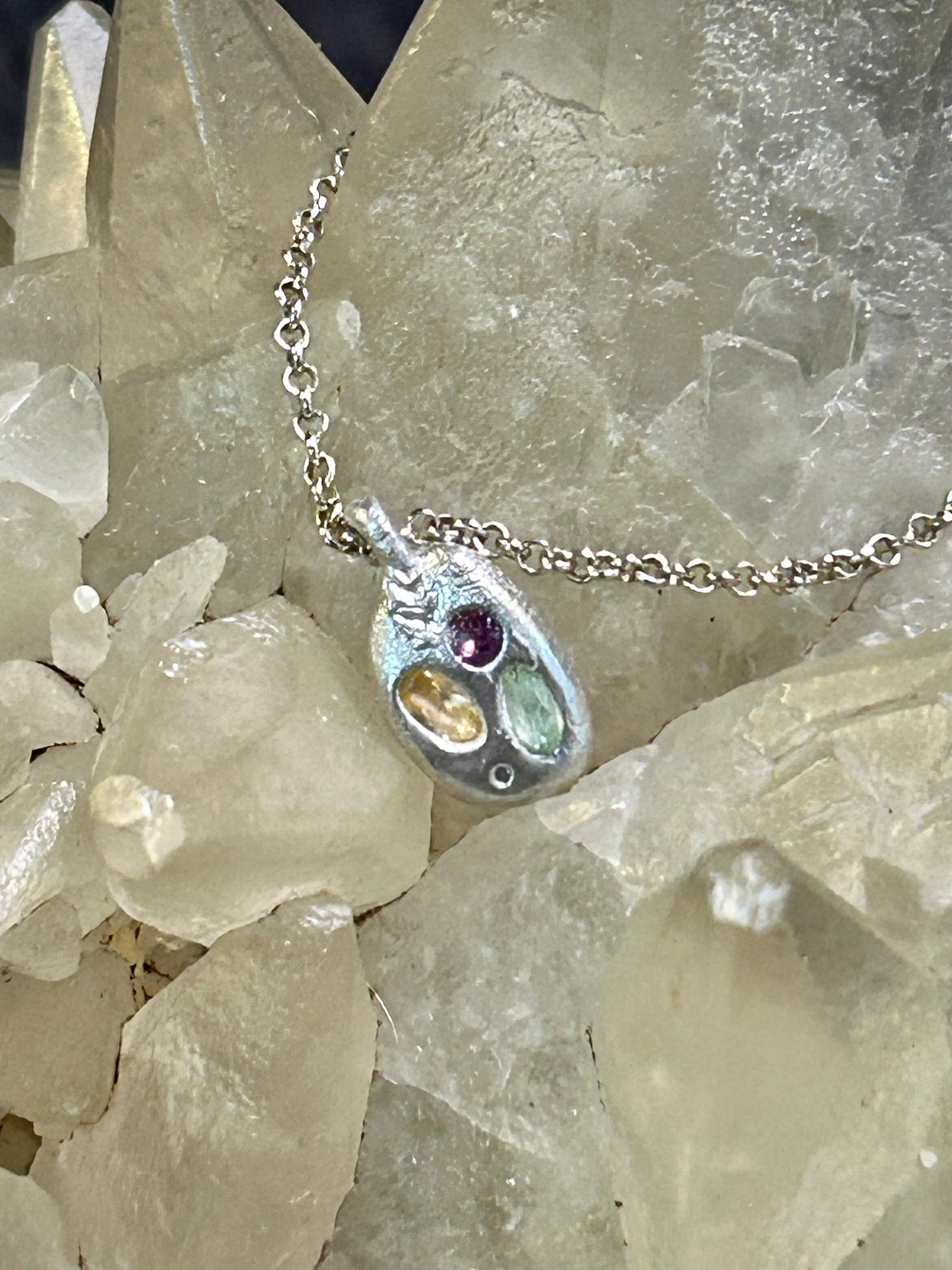 Fine Silver Molten Style Pendant with Multicolor Nano Stones