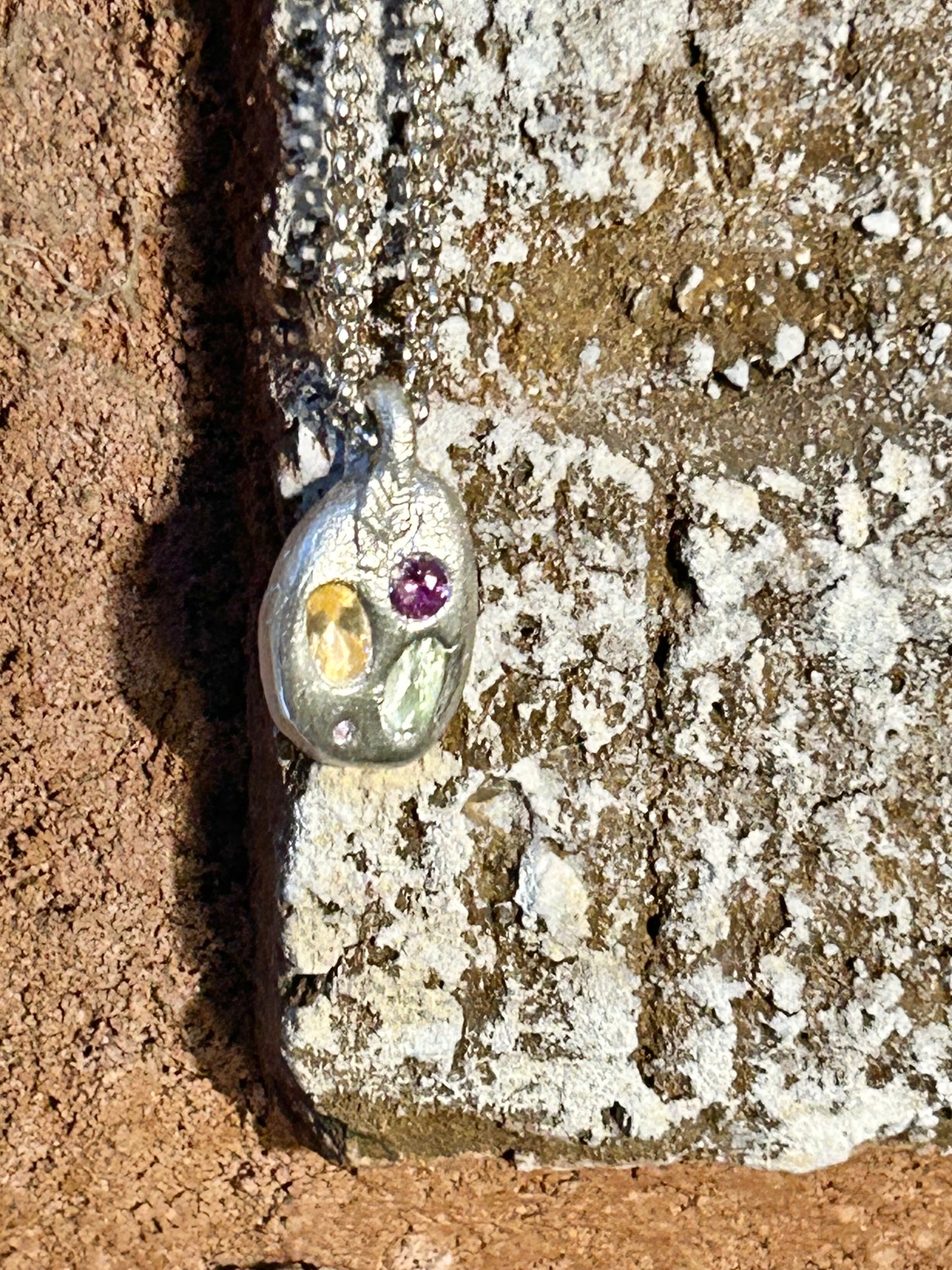 Fine Silver Molten Style Pendant with Multicolor Nano Stones