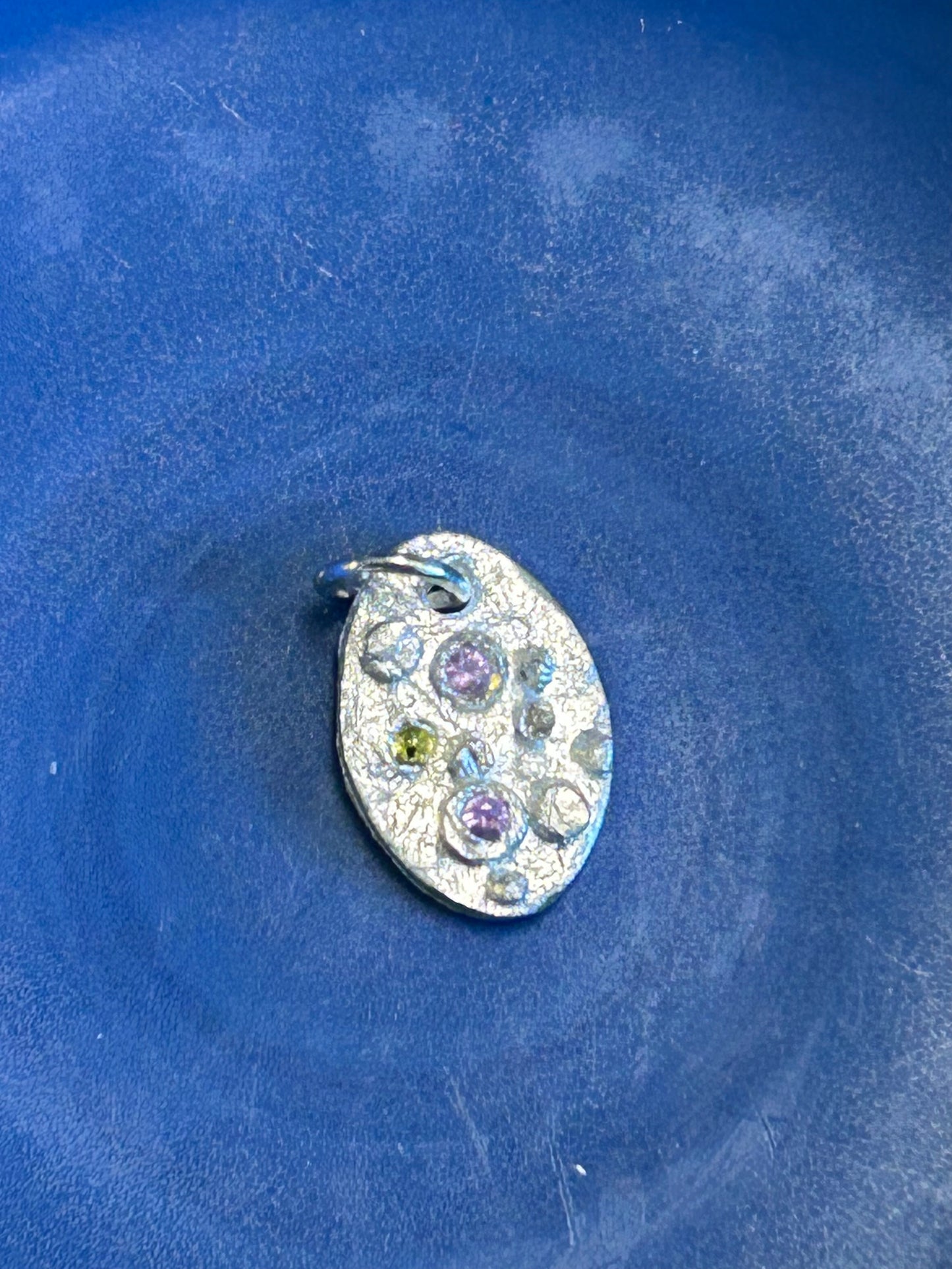 Fine Silver Oval Pendant with Pink and Green Nano Stones