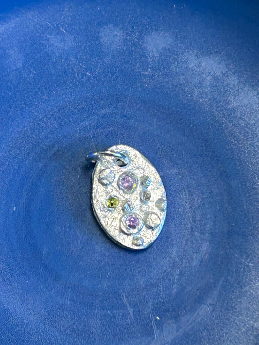 Fine Silver Oval Pendant with Pink and Green Nano Stones