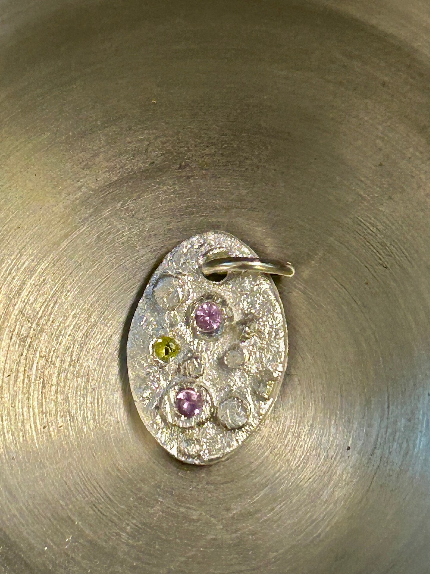 Fine Silver Oval Pendant with Pink and Green Nano Stones