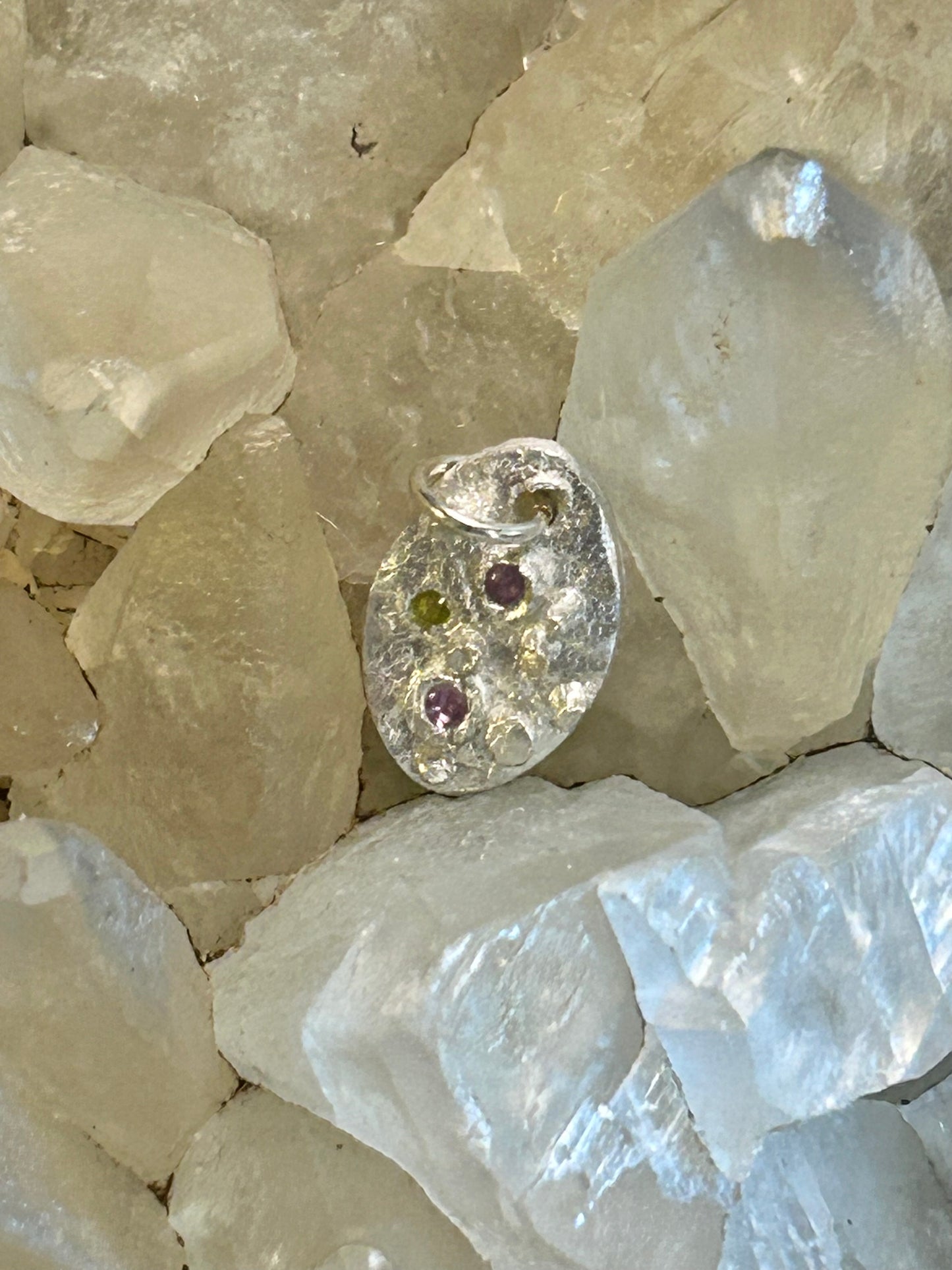 Fine Silver Oval Pendant with Pink and Green Nano Stones