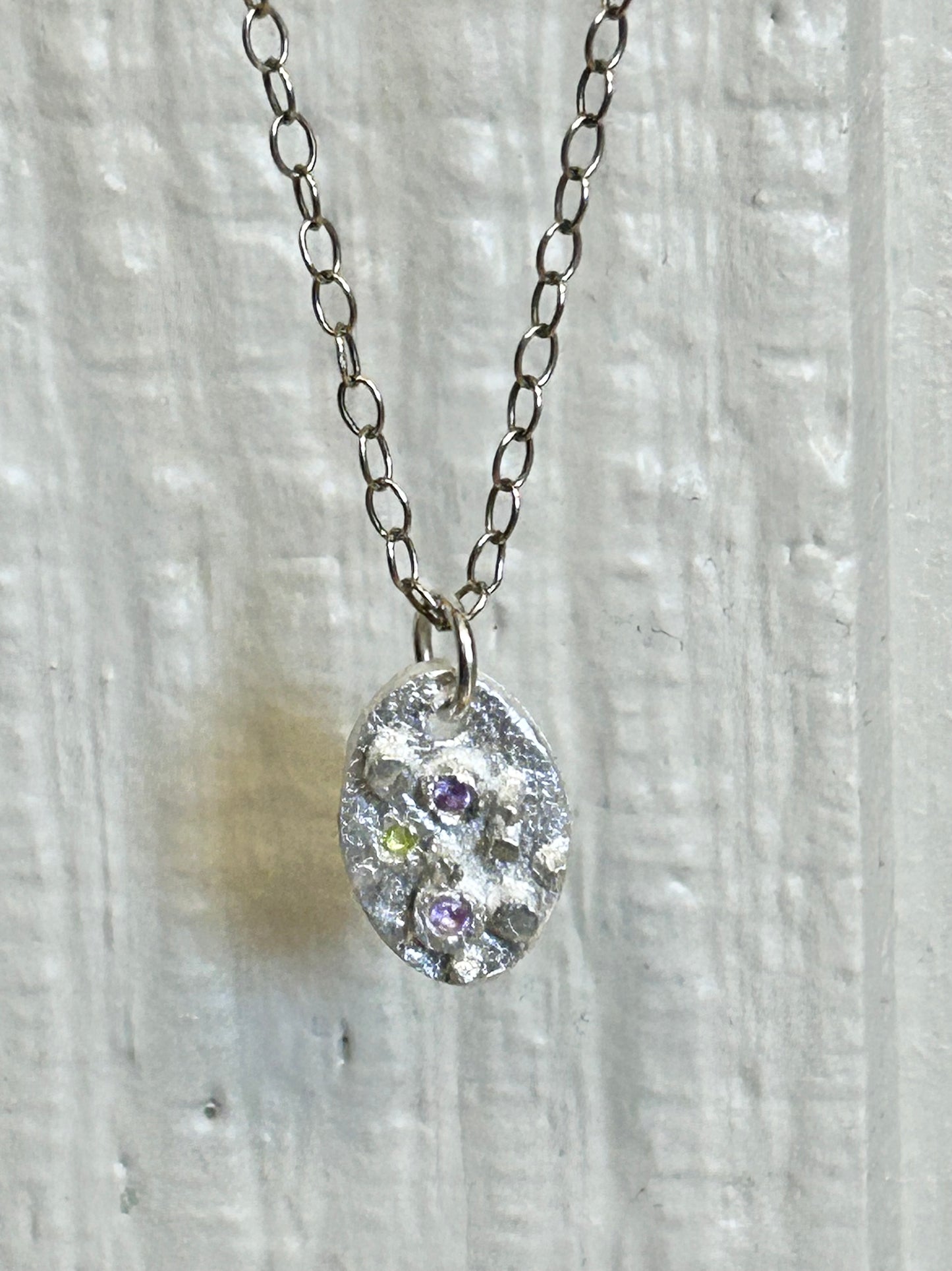 Fine Silver Oval Pendant with Pink and Green Nano Stones