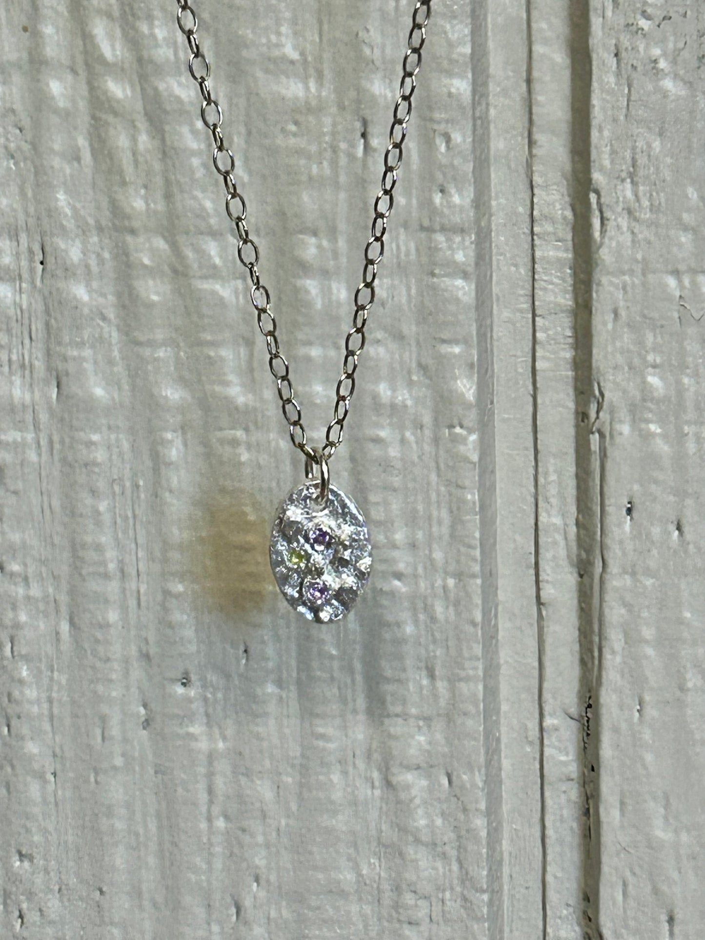 Fine Silver Oval Pendant with Pink and Green Nano Stones