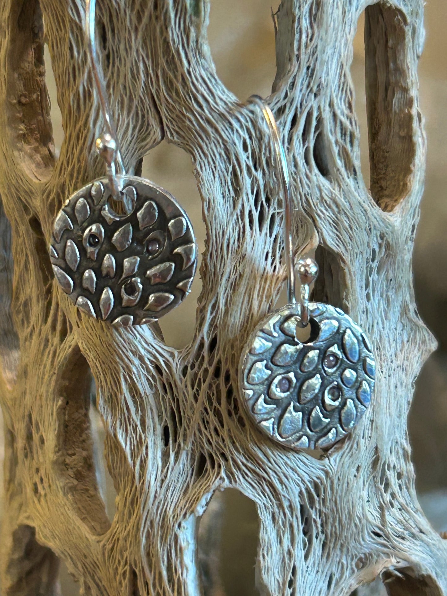Fine Silver Textured Disc Earrings with Nano Stone Accents