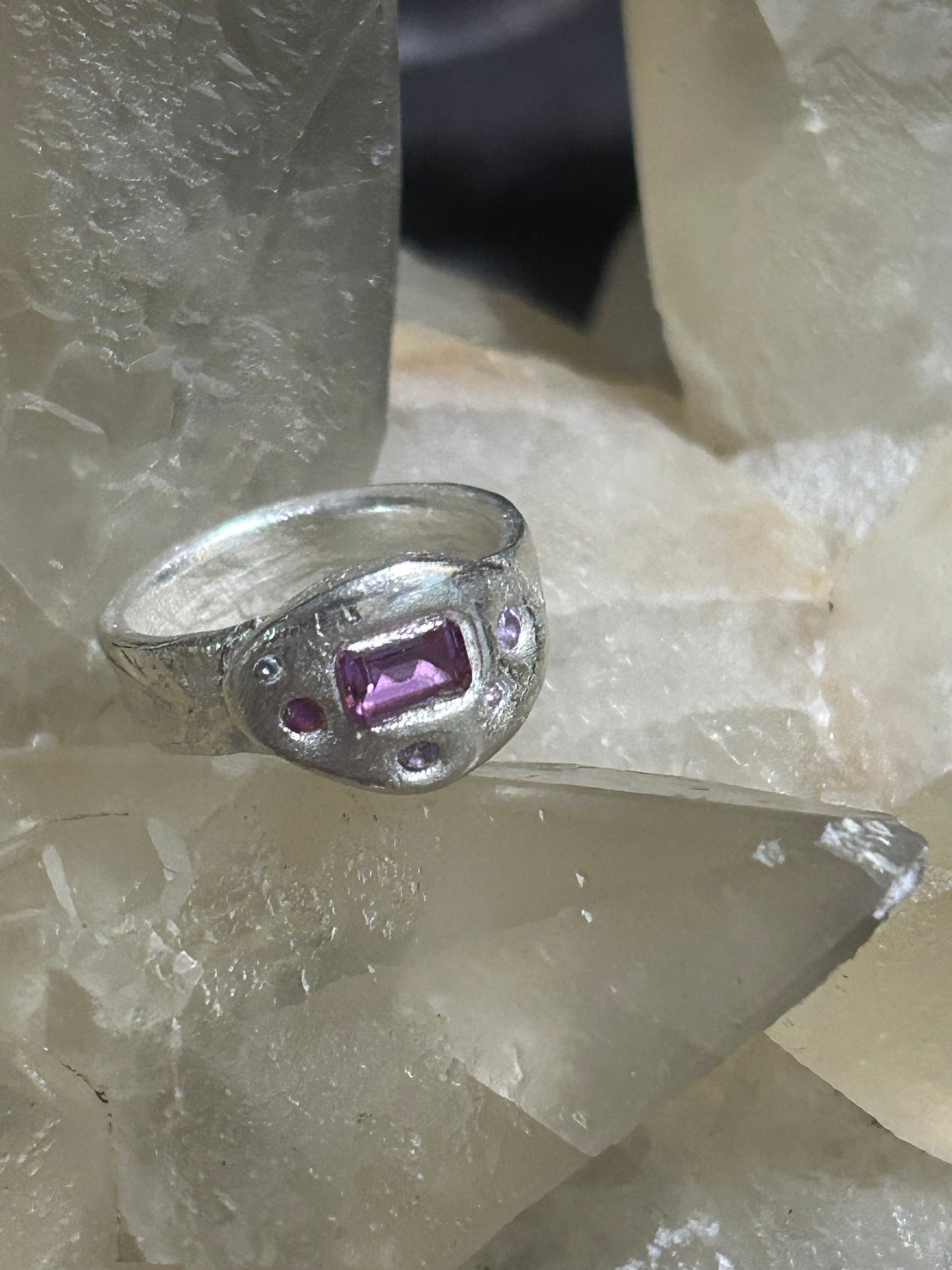 Fine Silver Molten Style Ring with Pink Nano Stones