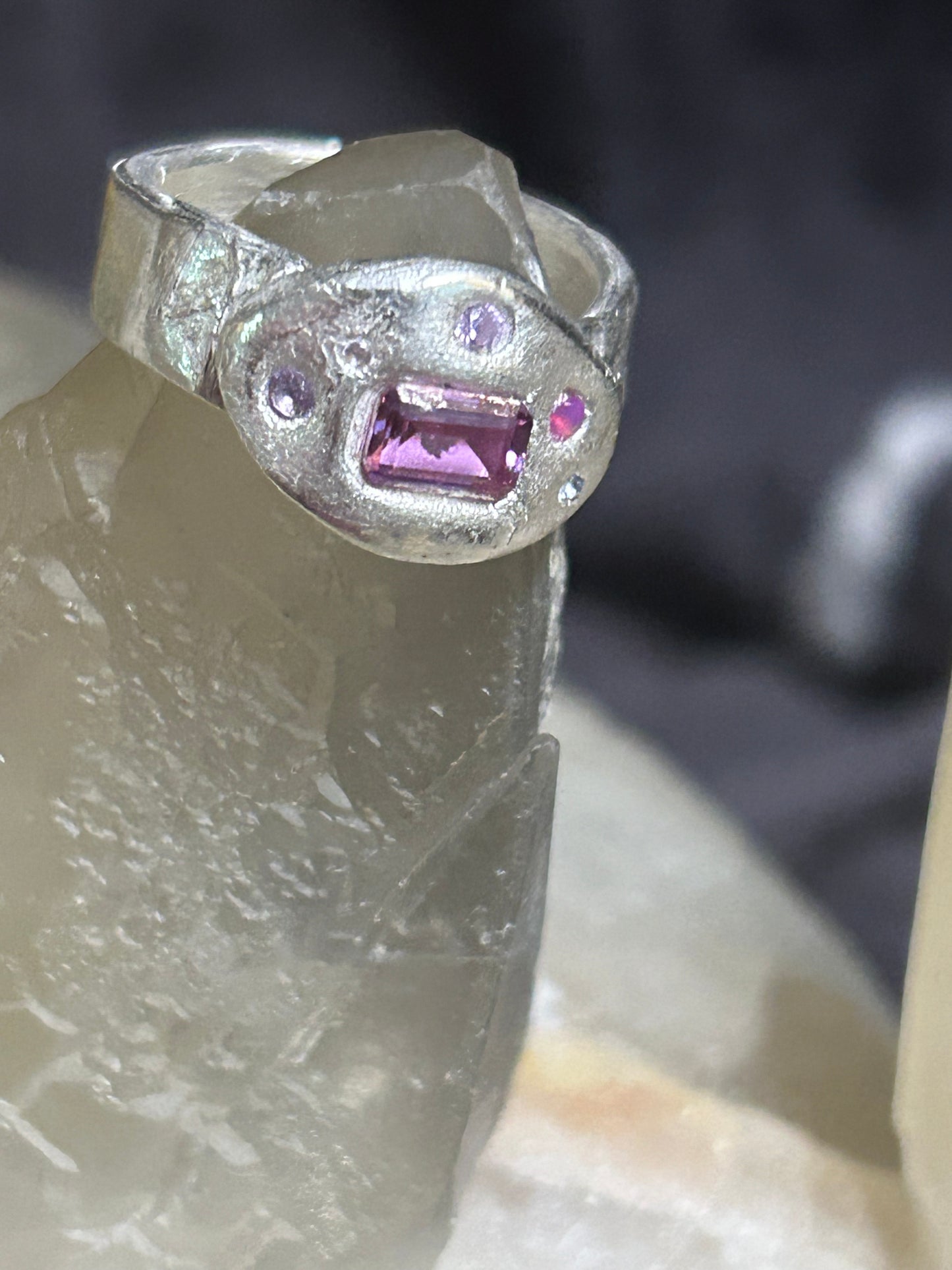 Fine Silver Molten Style Ring with Pink Nano Stones