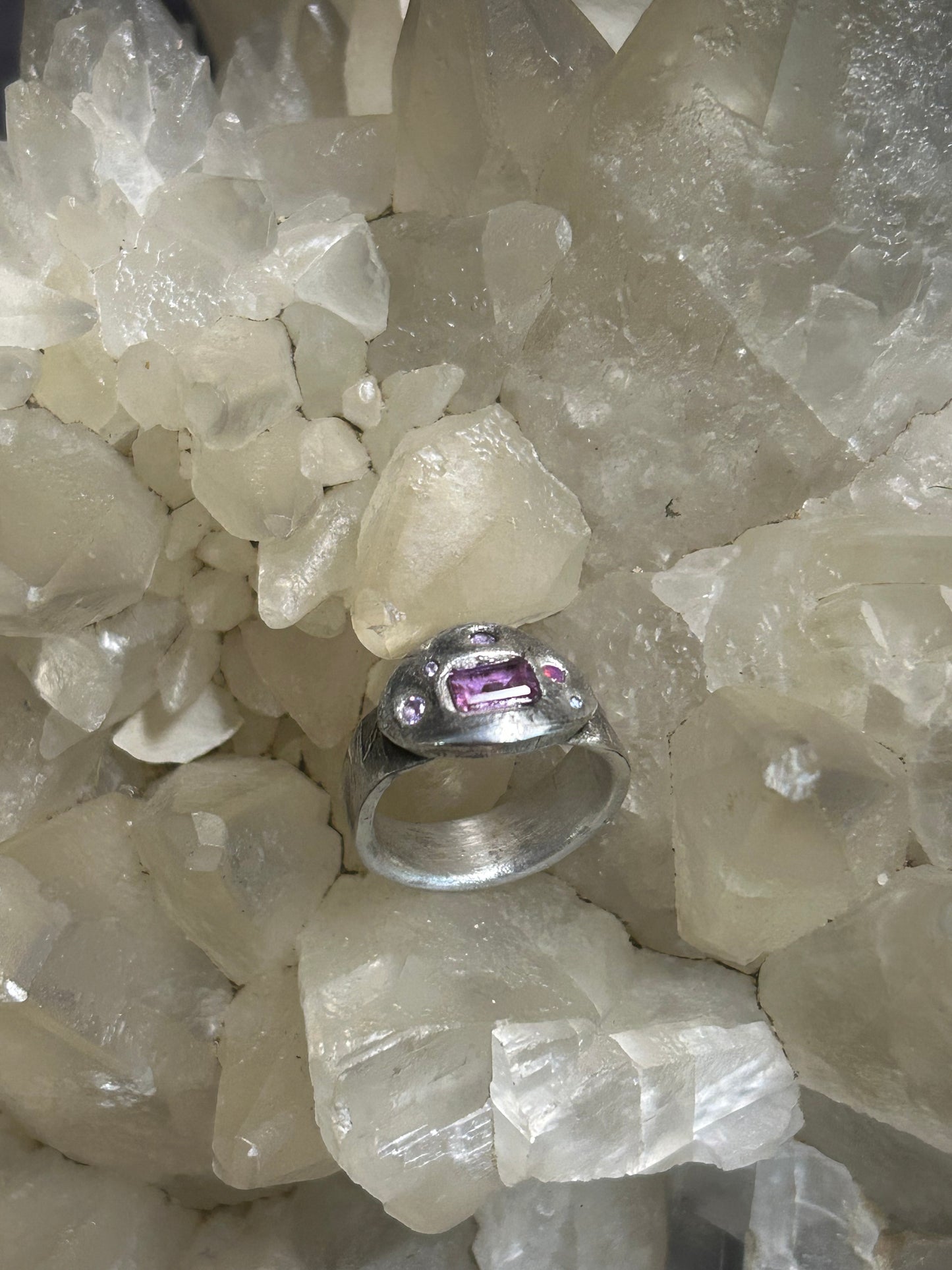 Fine Silver Molten Style Ring with Pink Nano Stones