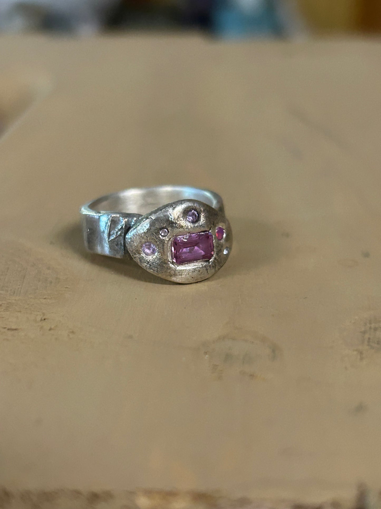 Fine Silver Molten Style Ring with Pink Nano Stones