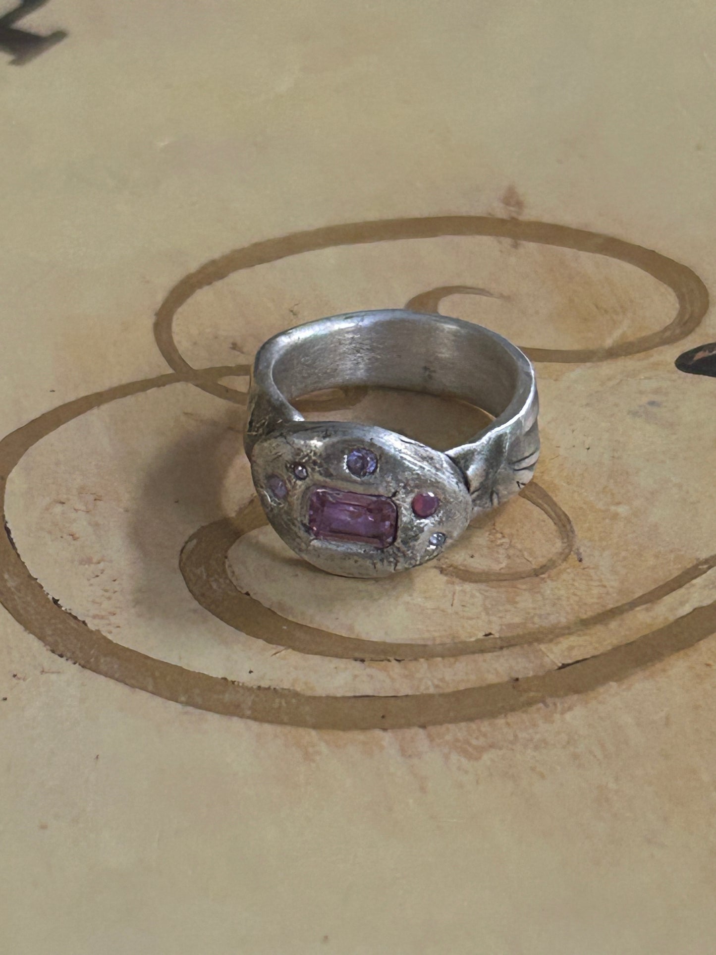 Fine Silver Molten Style Ring with Pink Nano Stones