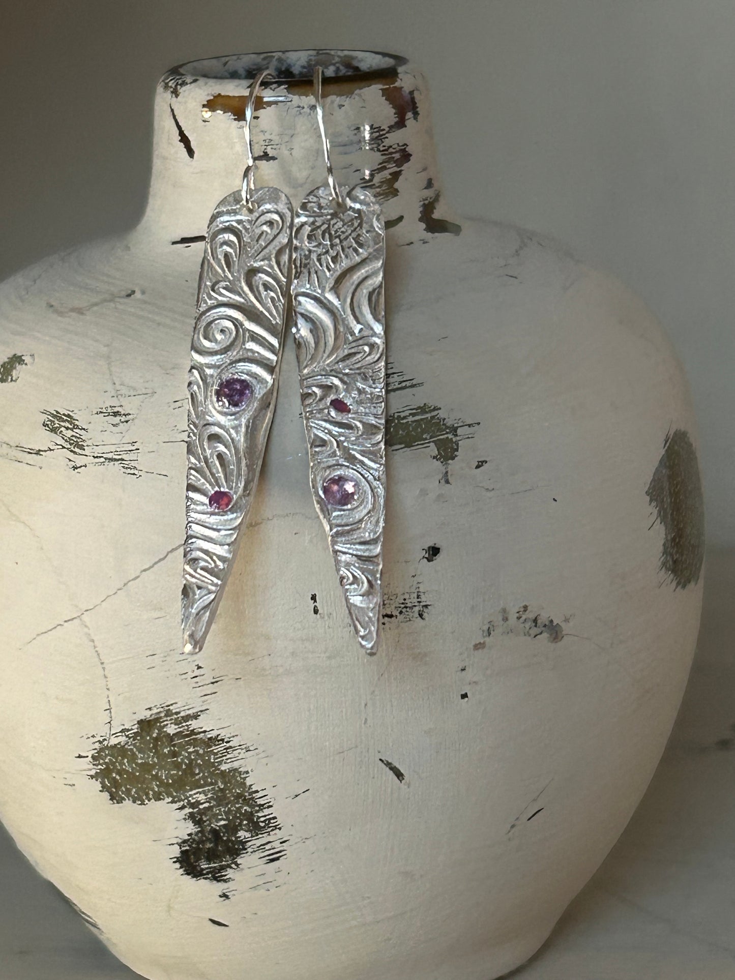 Fine Silver Textured Dangle Earrings with Pink Nano Stones